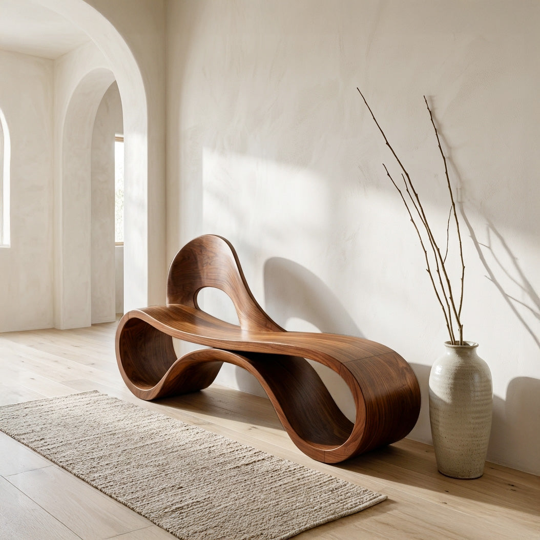 Artistic Wooden Bench With Flowing Sculpture For Luxury Interior RTTHHNCHR161