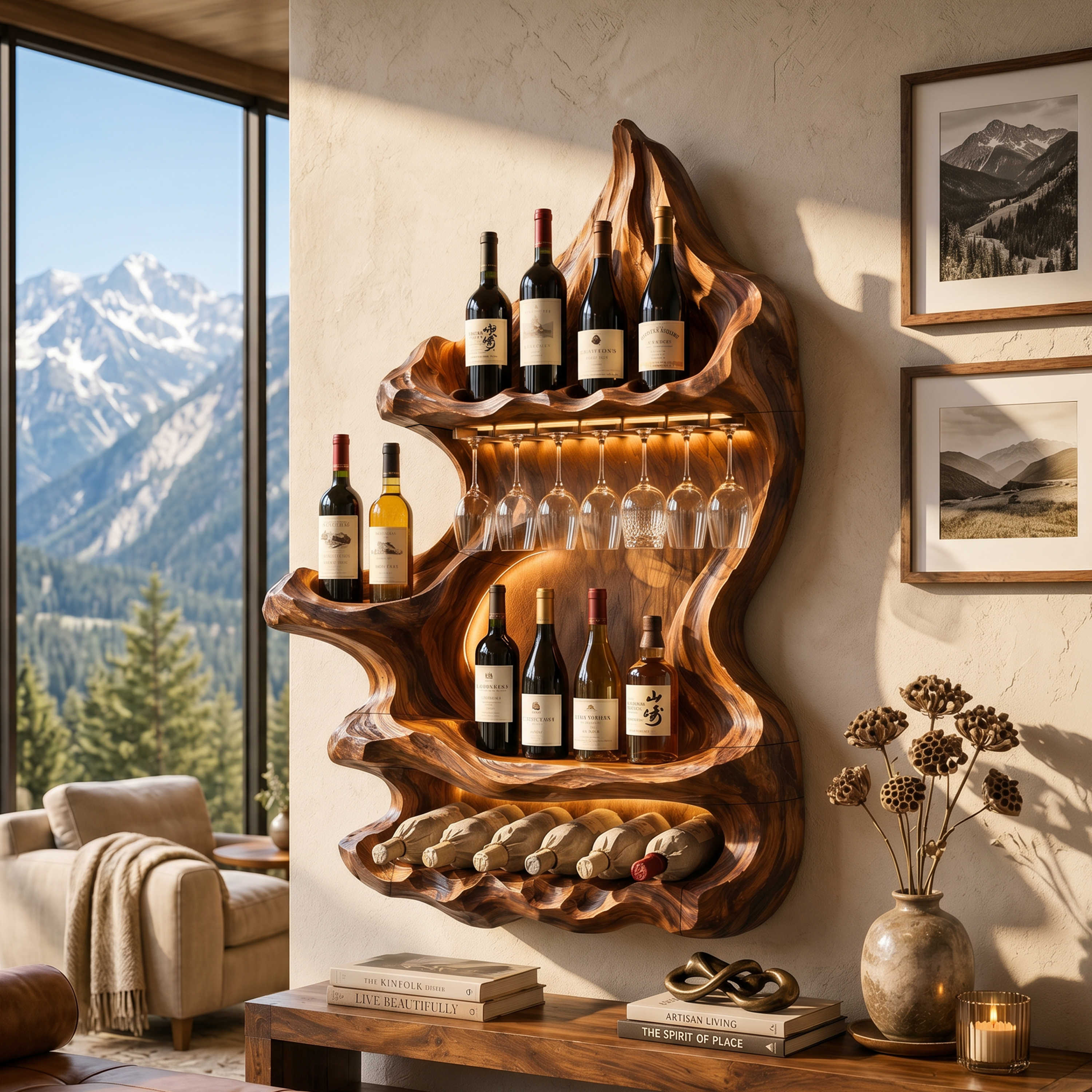 Organic Mountain Inspired Wine Shelf For Lounge Area SILDTTNWH046