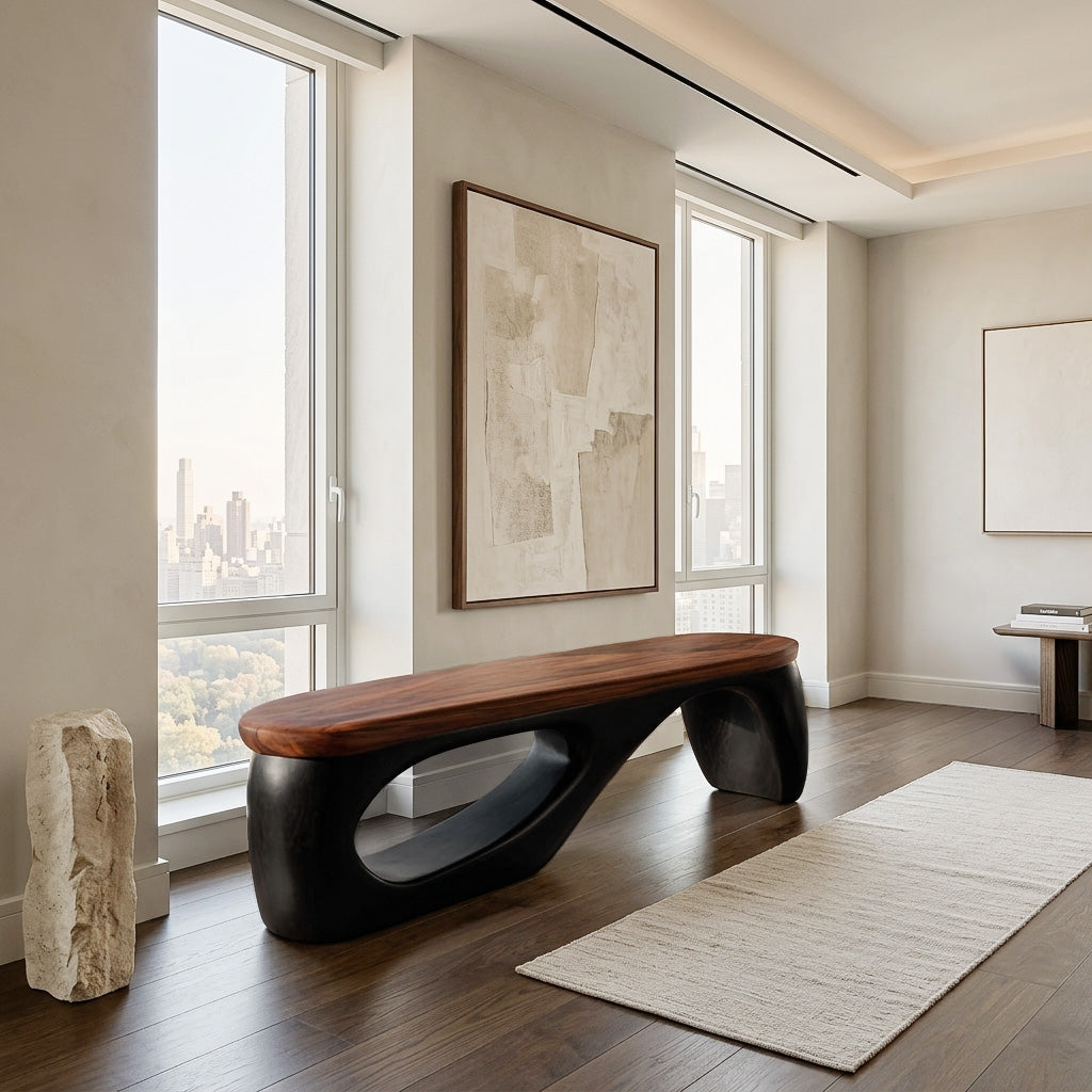 Organic Wooden Bench With Curved Black Base For Home RTTHHNCHR157