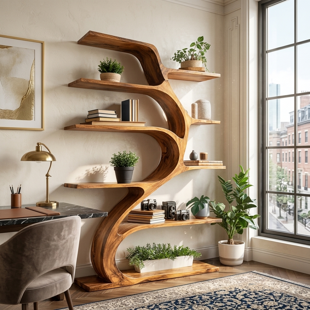 Minimal Natural Wood Bookshelf Branch Design For Interior Space RTTHTTBS122