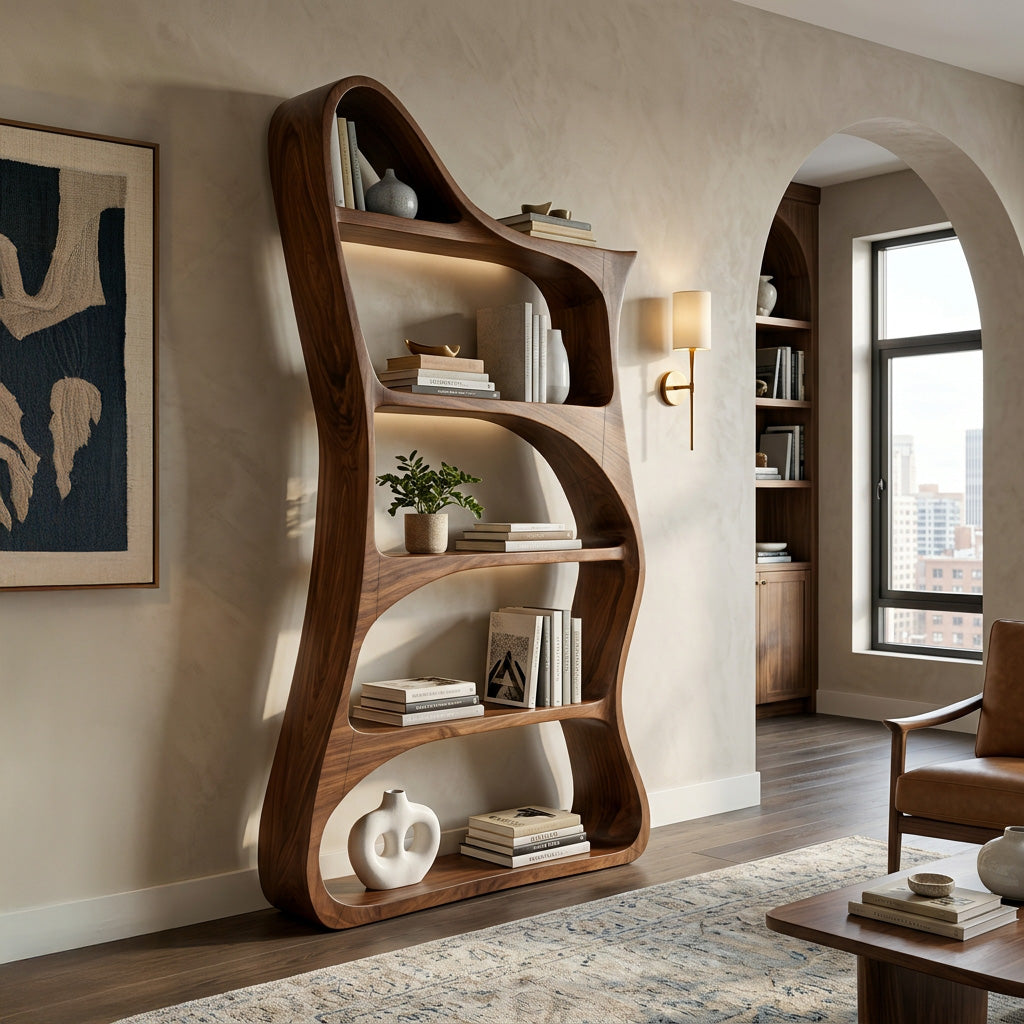 Modern Sculptural Natural Wood Bookshelf For Living Room RTTHHNBS162