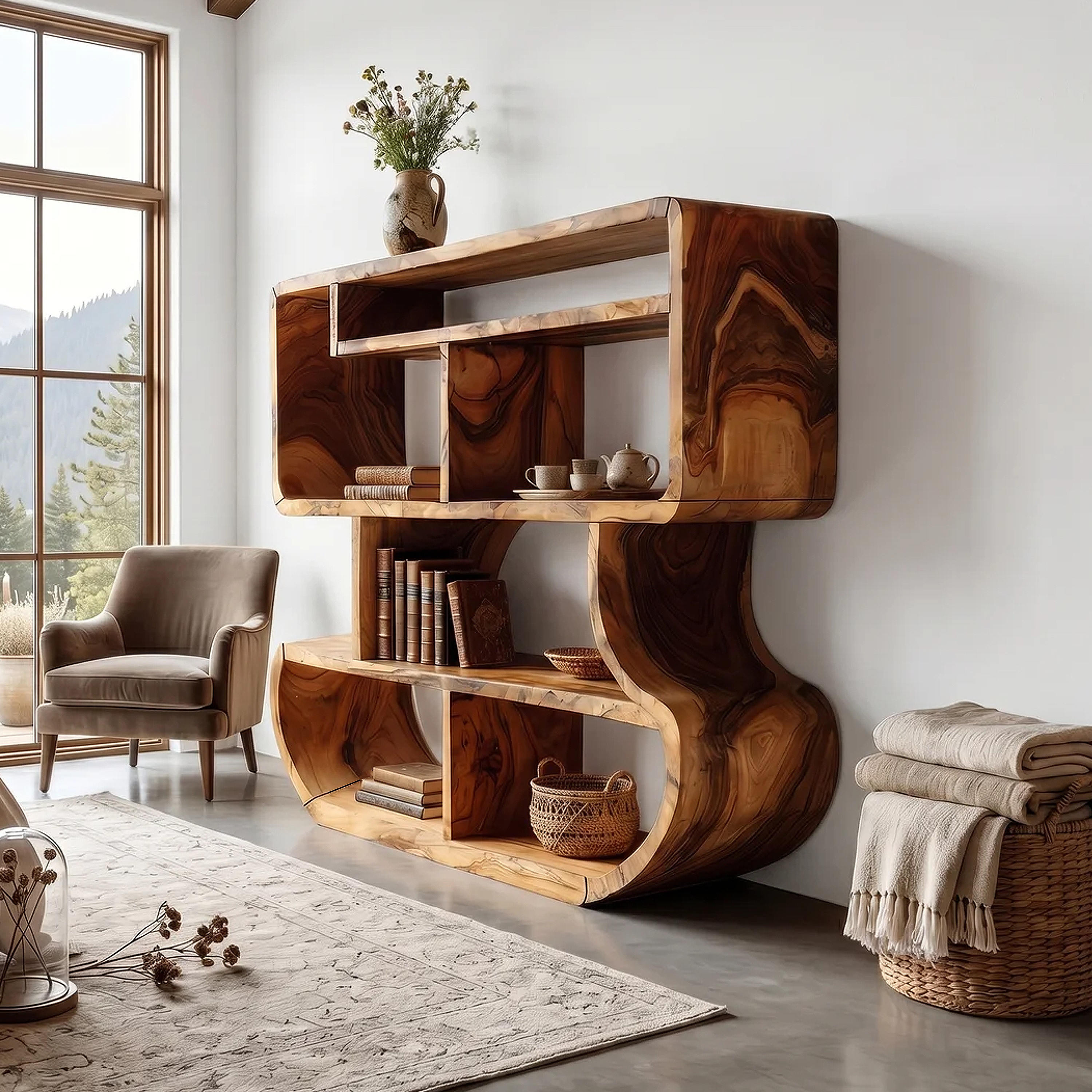 Modern Curved Wooden Bookcase With Integrated Open Storage SILDTTRBS047