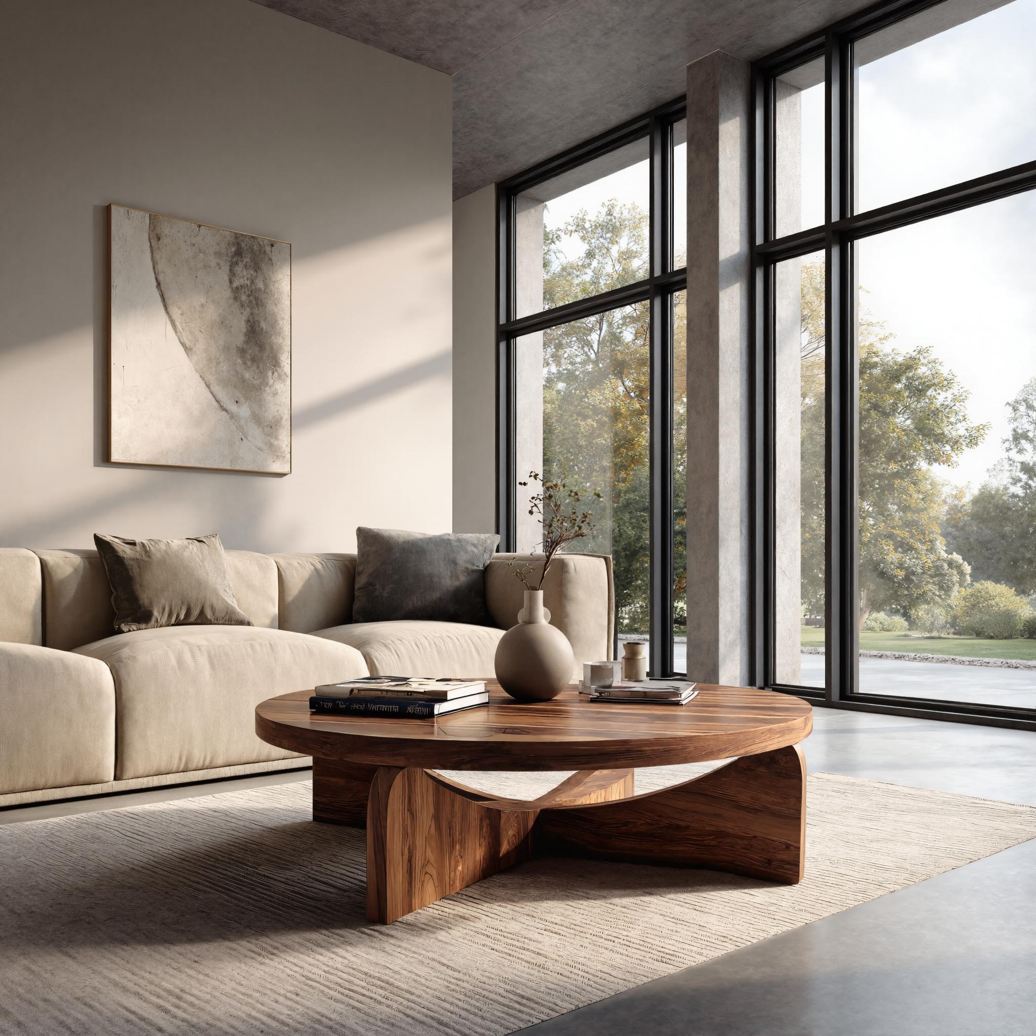 Modern Round Wood Coffee Table With Unique Base For Living RTTHHNCF071