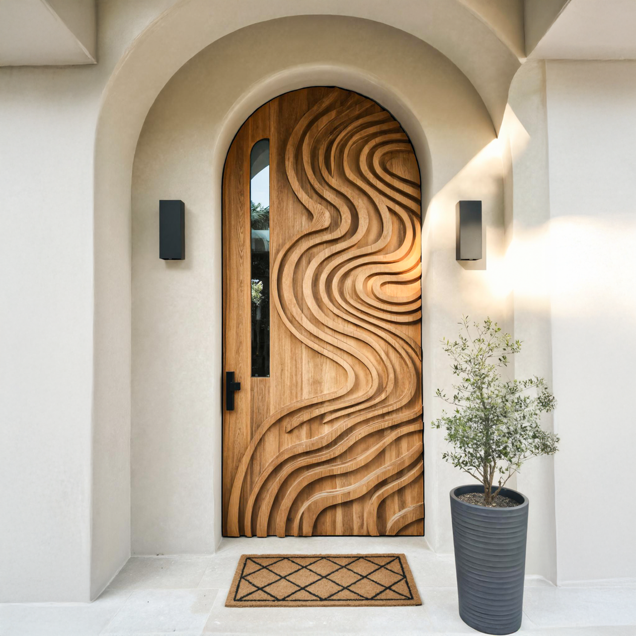 Contemporary Arched Wooden Front Door With Carved Design For Villa Or Modern Entryway SITHTTDOR018