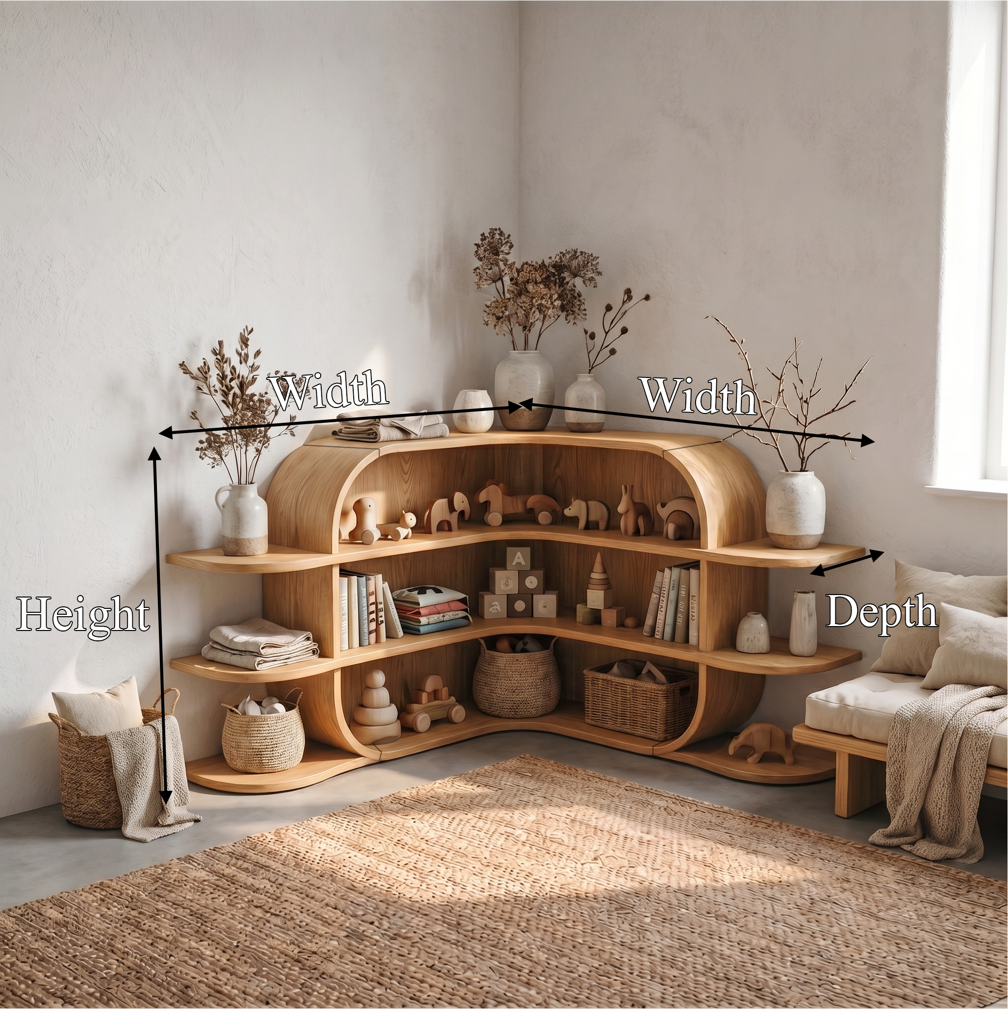 Scandinavian Arched Corner Bookshelf With Multi Tier Open Shelves For Living Room And Bedroom SINLSABS018
