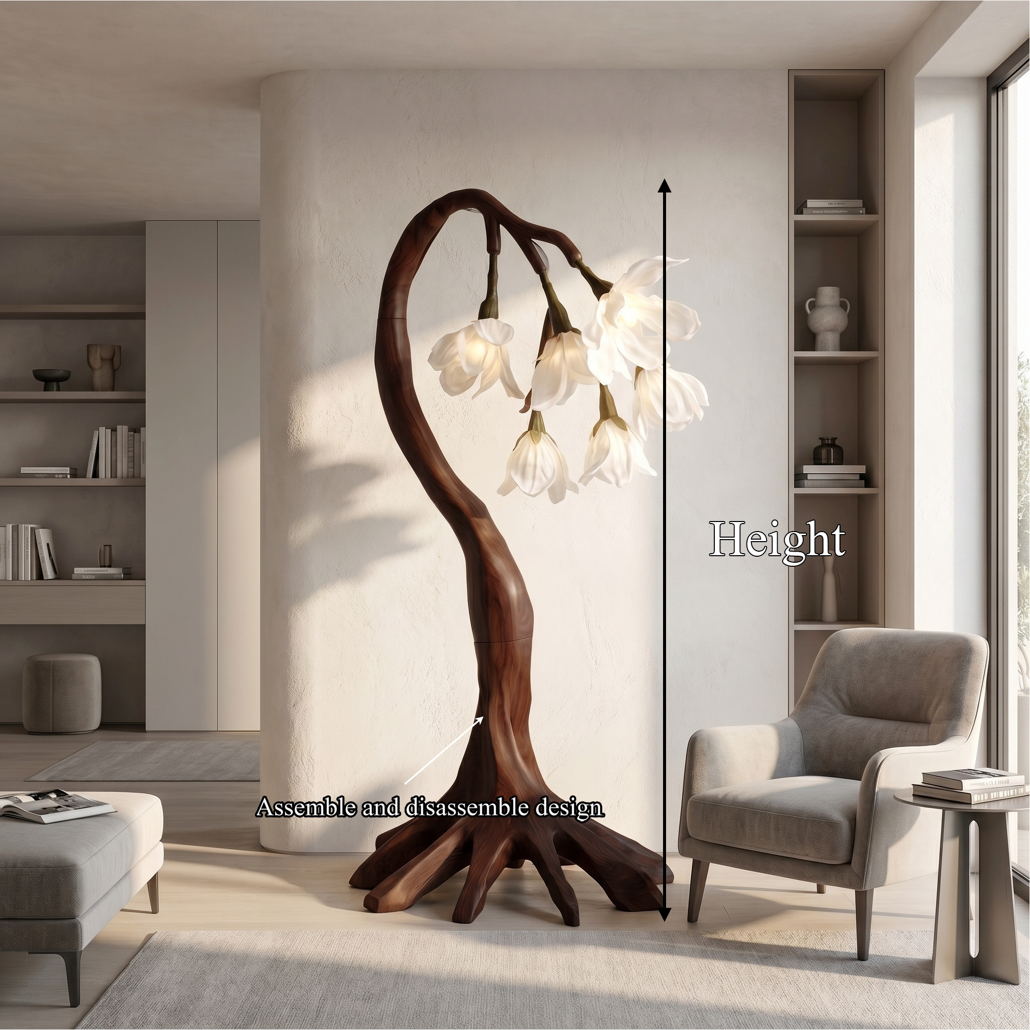 Flower Petal Floor Lamp With Solid Wood Base For Living Room And Bedroom SINLSAFLP073