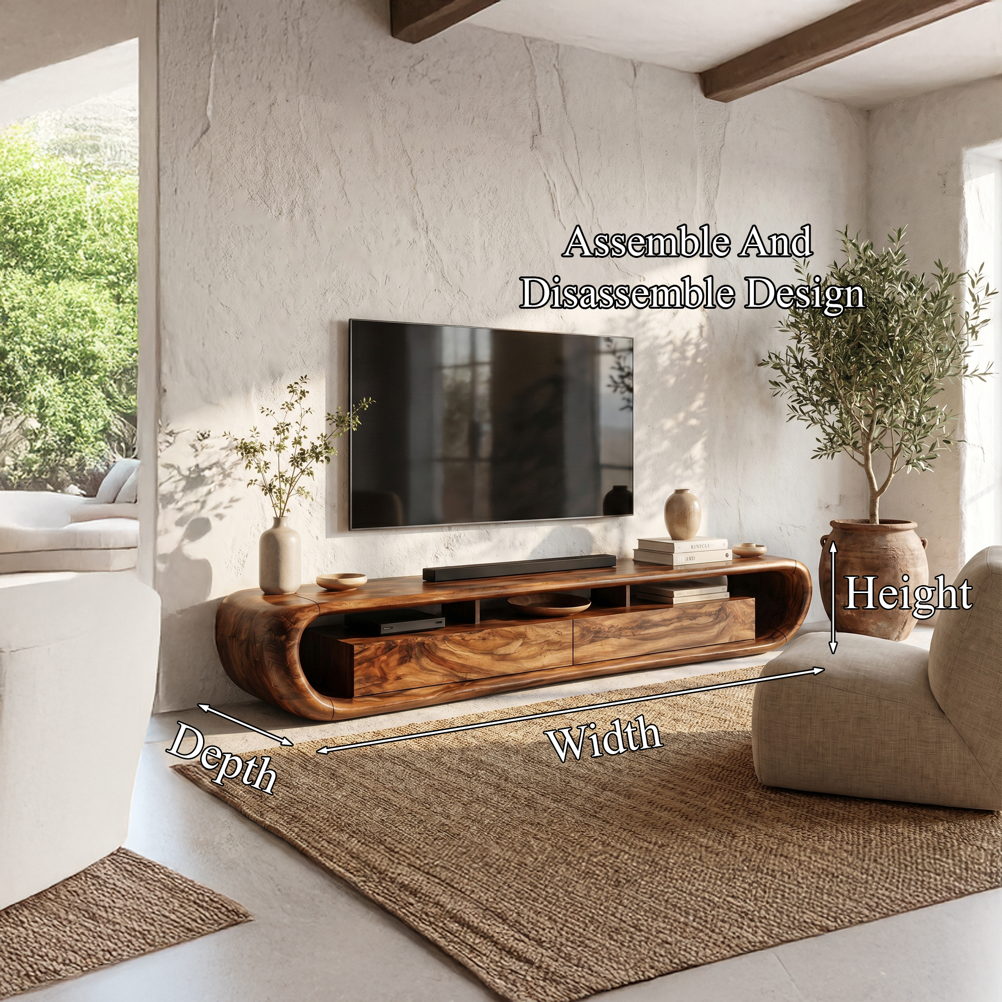 Organic TV Cabinet With Built In Storage And Rounded Curved Edges For Living Room SINLHATC037
