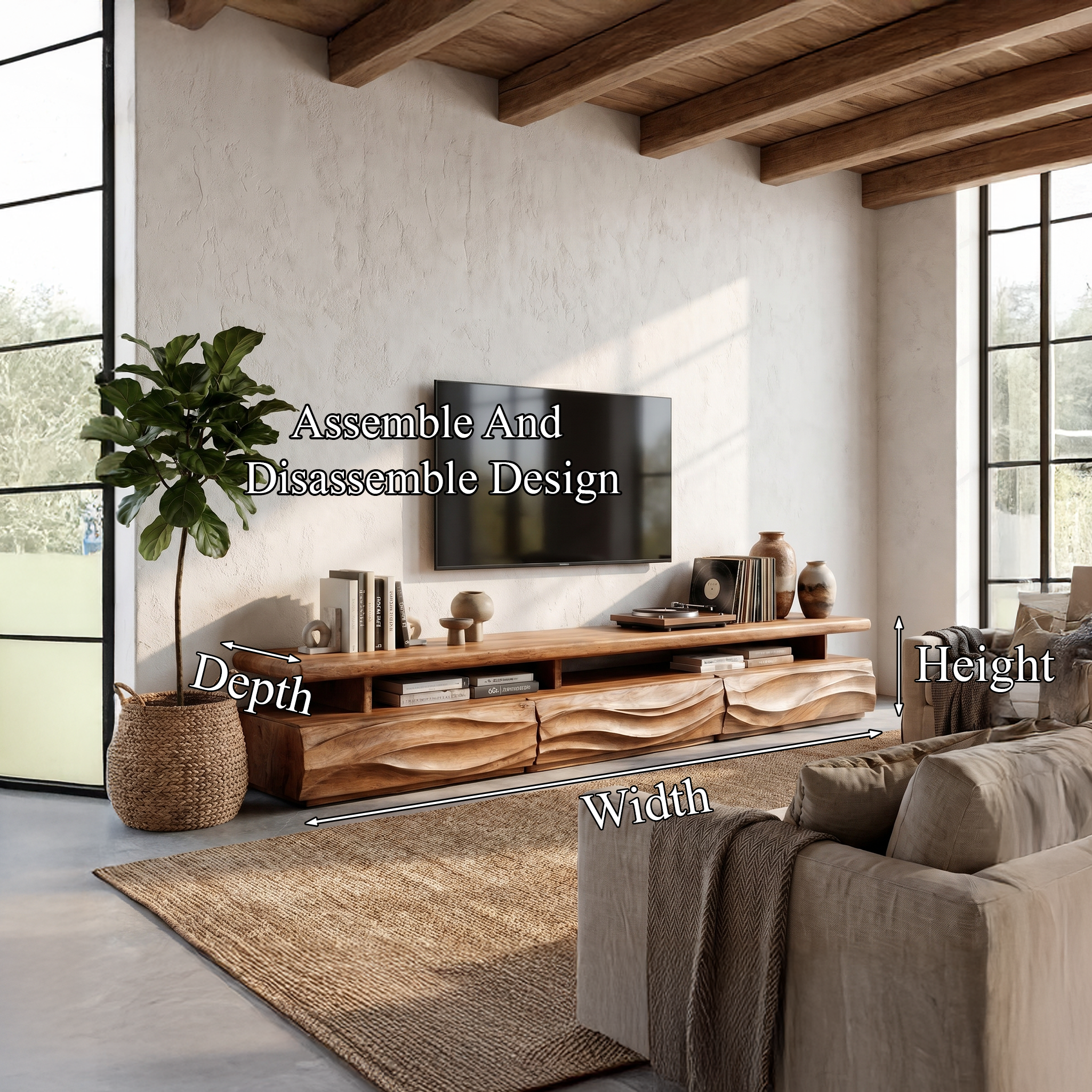 Rustic TV Cabinet With Open Storage Shelf And Wave Front Drawers For Living Room SINLHATC042