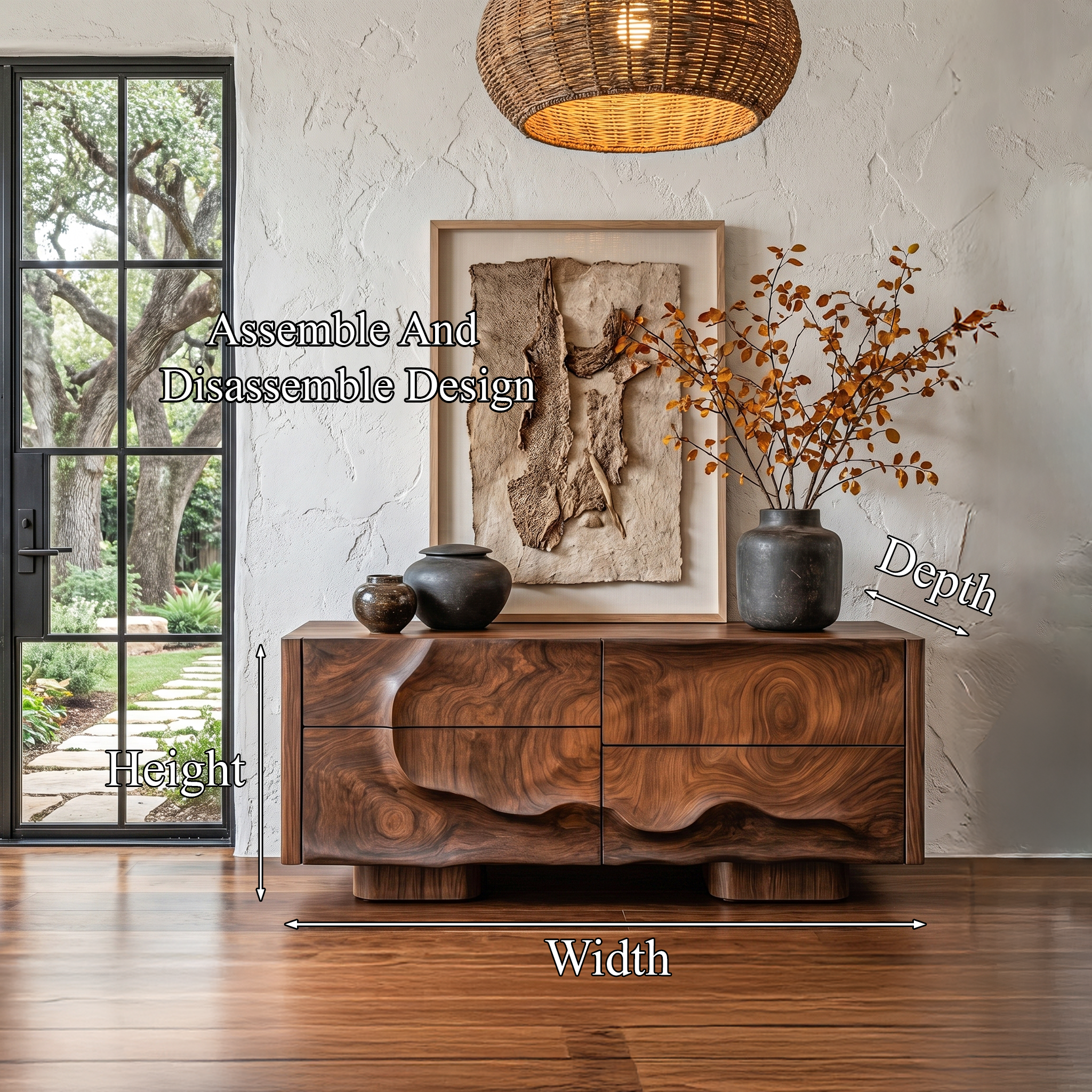 Rustic Organic Storage Cabinet With Carved Wood Doors For Living Room And Entryway SINLHASC514