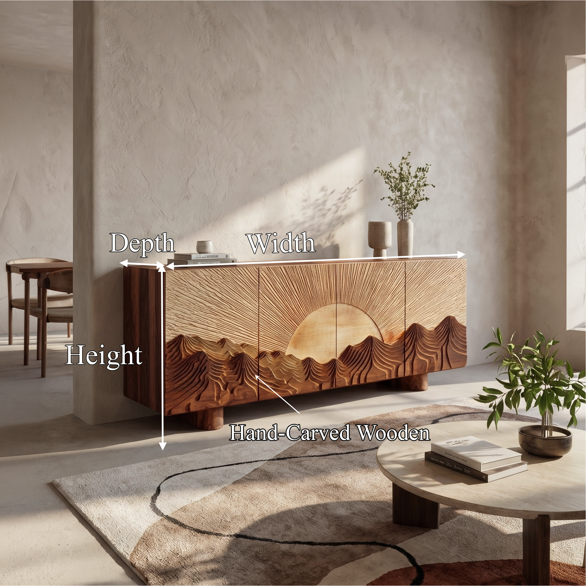 Rustic Mountain Sunrise Sideboard With Carved Wood Doors For Living Room SINLSASC515
