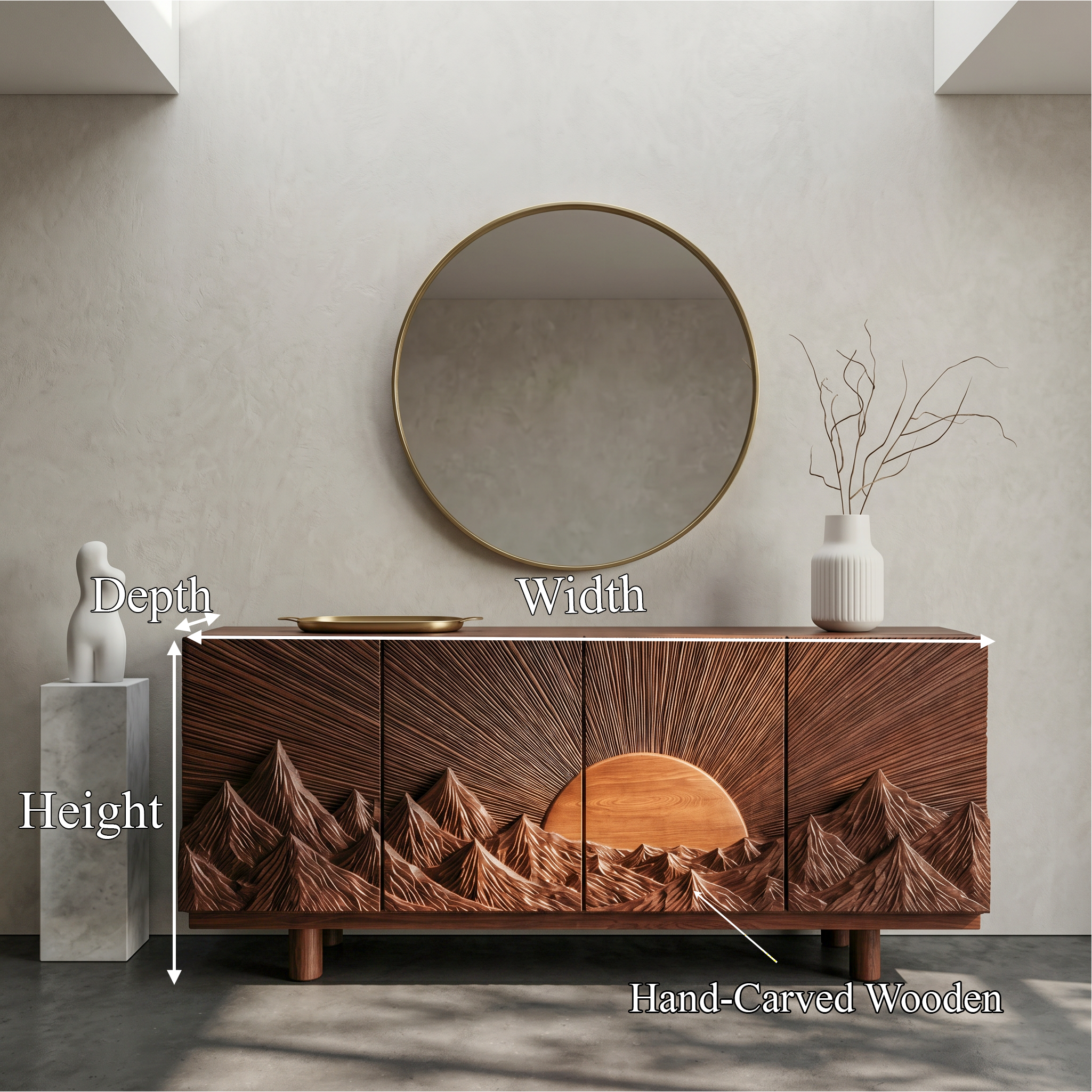 Rustic Mountain Sunrise Storage Cabinet With Carved Wood Doors For Living Room SINLSASC516