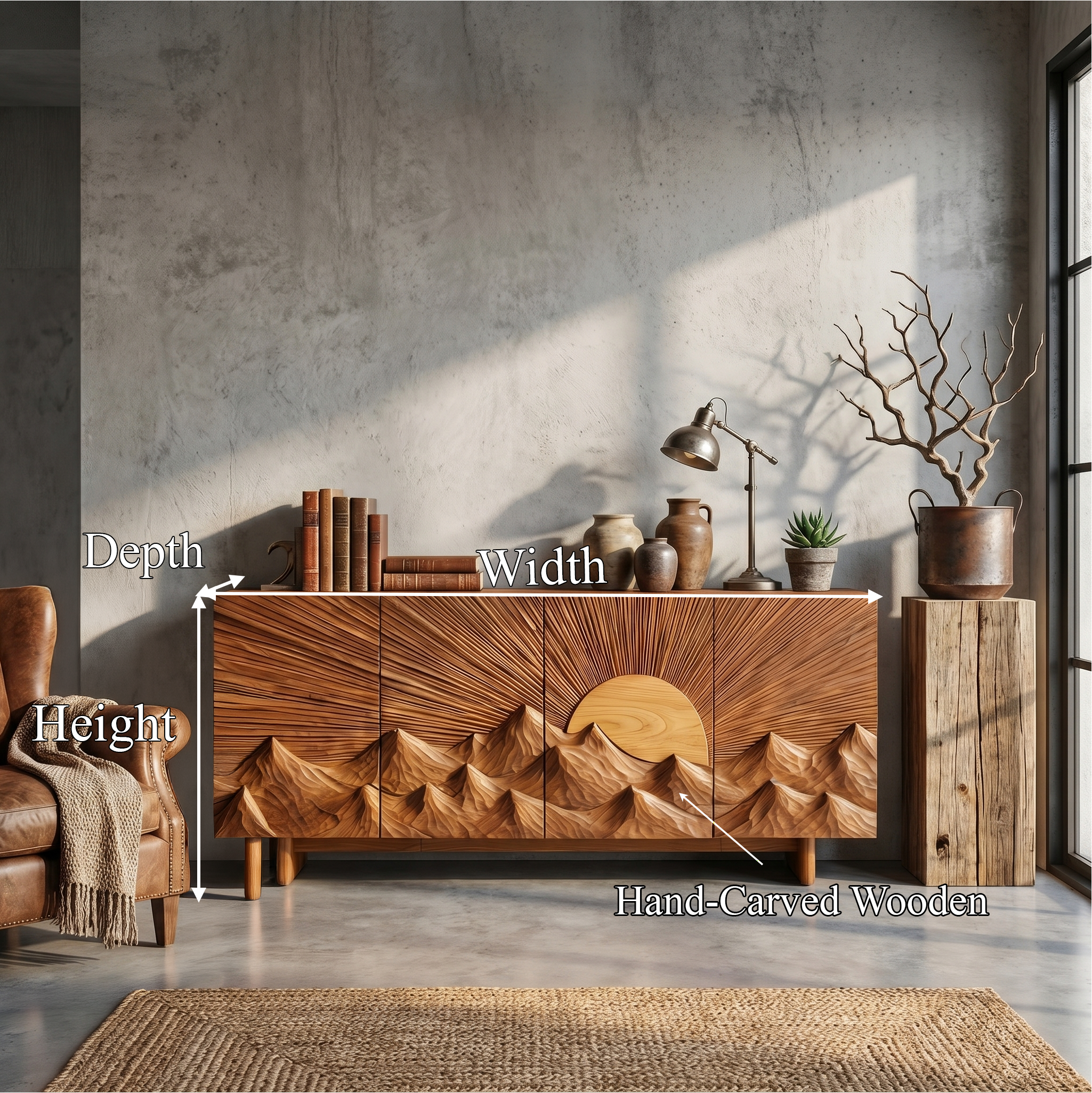Contemporary Landscape Sideboard With Sculptural Carved Wood Doors For Living Room SINLSASC517