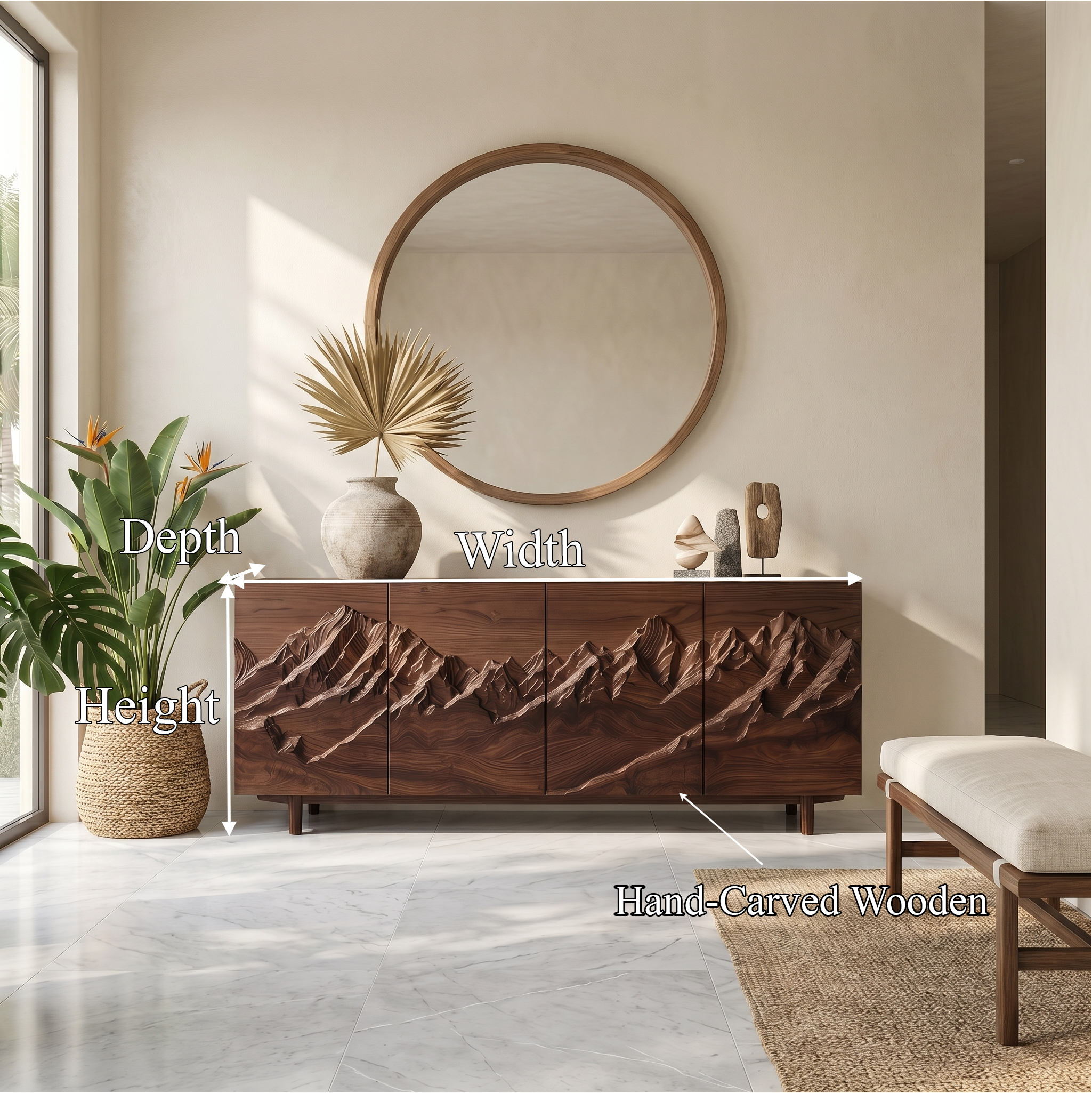 Rustic Mountain Landscape Sideboard With Carved Wood Doors For Living Room And Entryway SINLSASC518