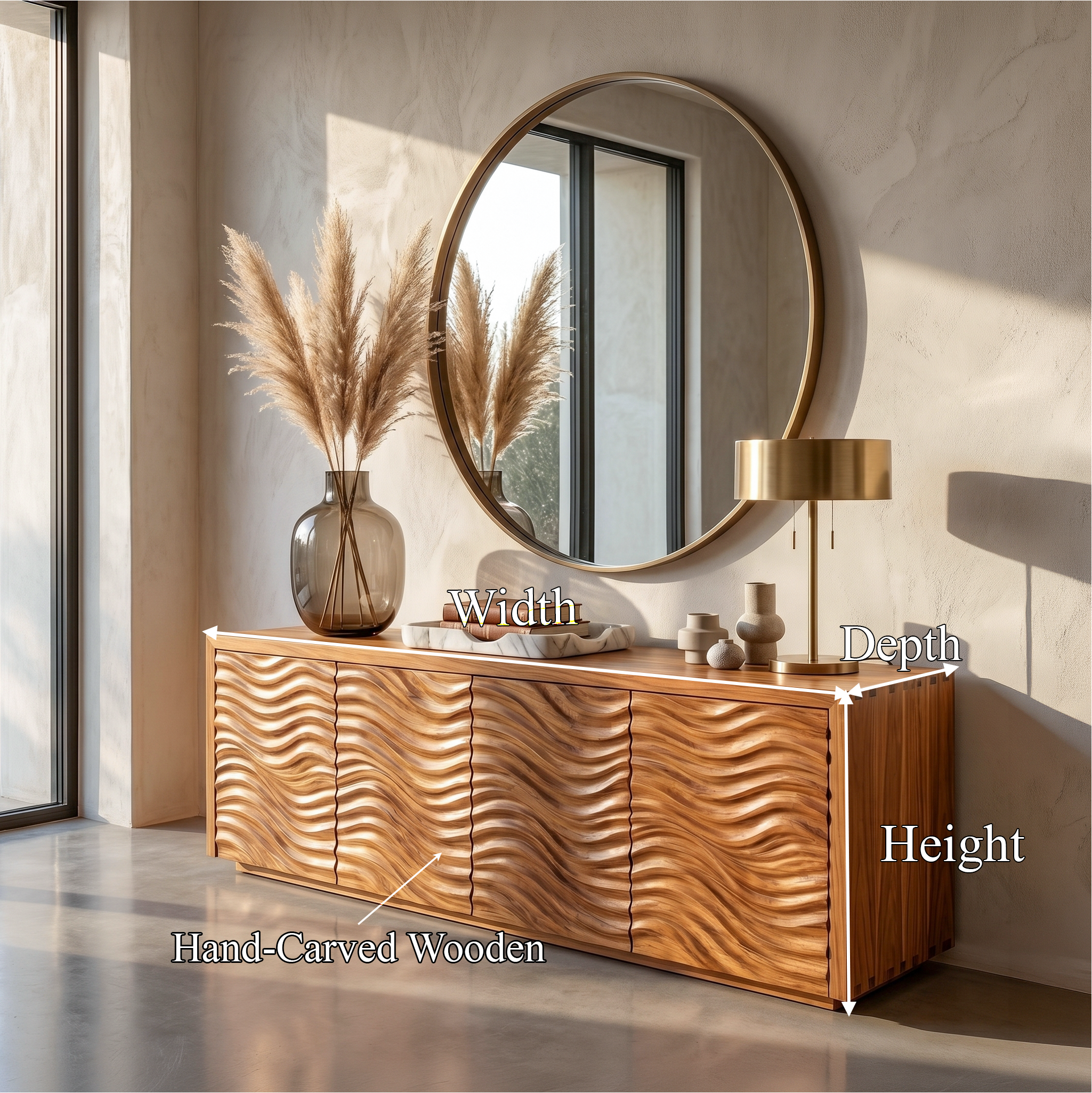 Rustic Sideboard With Hand Carved Wave Wood Doors And Solid Wood Storage For Living Room SINLSASC530