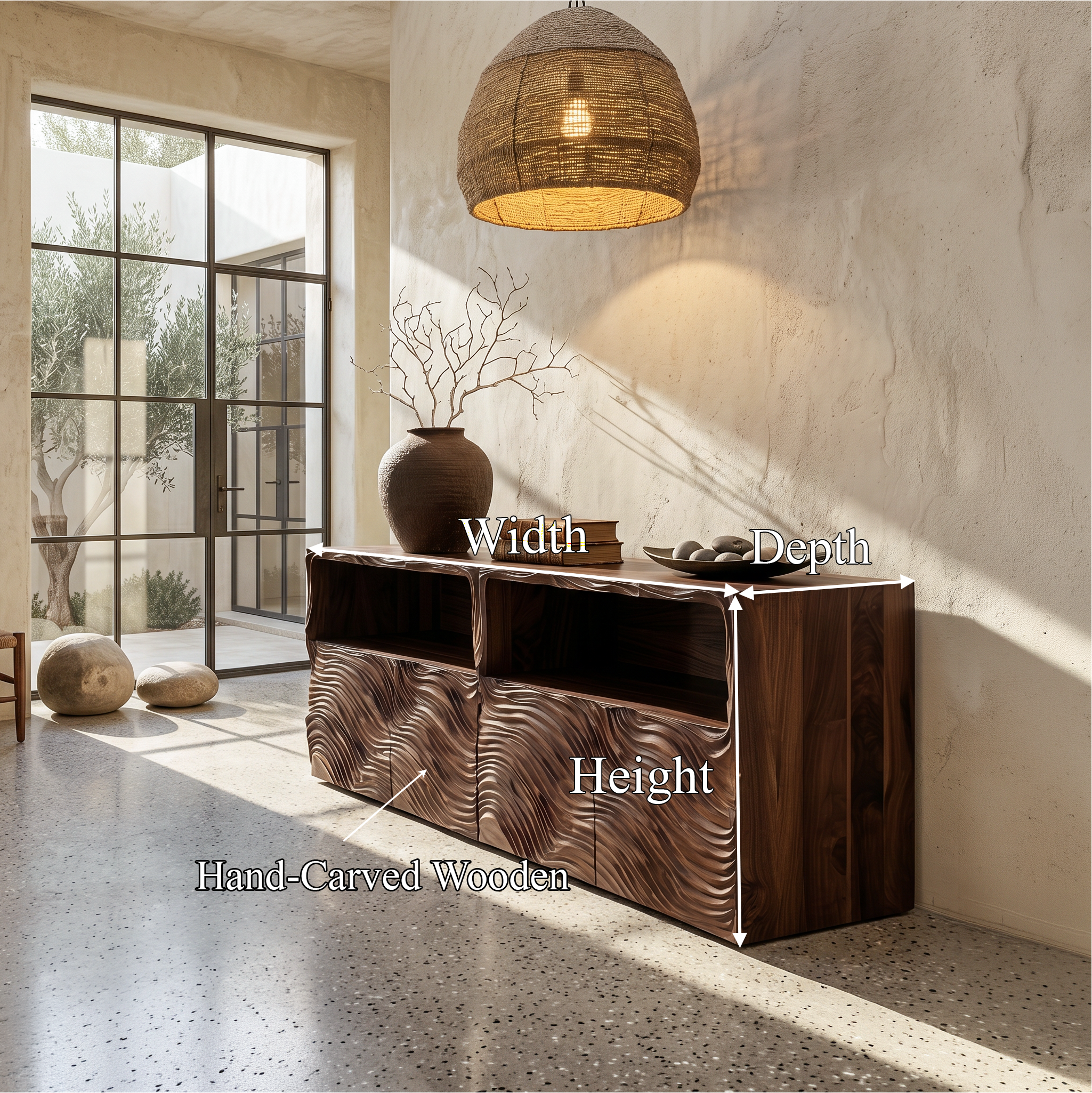 Modern Sideboard With Hand Carved Wave Wood Doors And Open Display Shelves For Living Room SINLSASC532