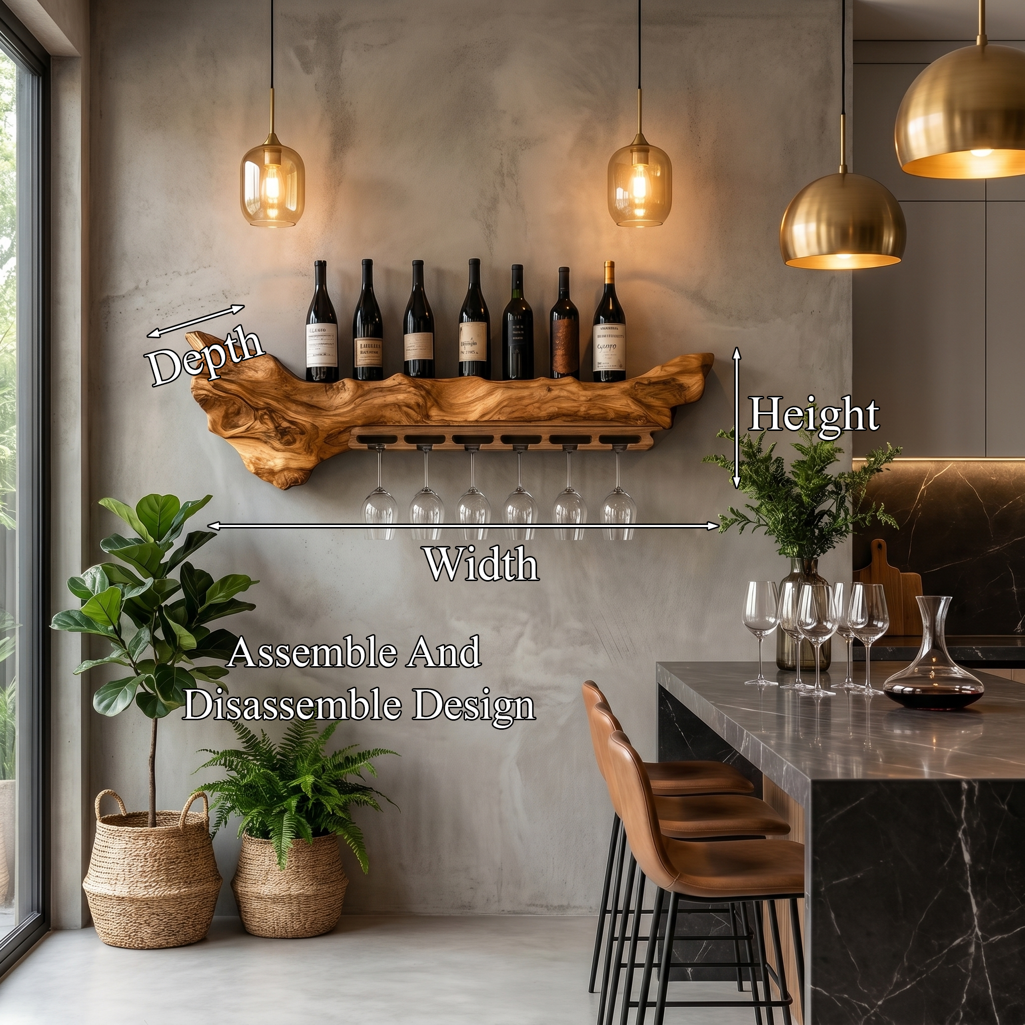 Rustic Live Edge Wall Mounted Wine Rack With Glass Holder And Bottle Storage For Kitchen And Dining Room SINLHAWR030