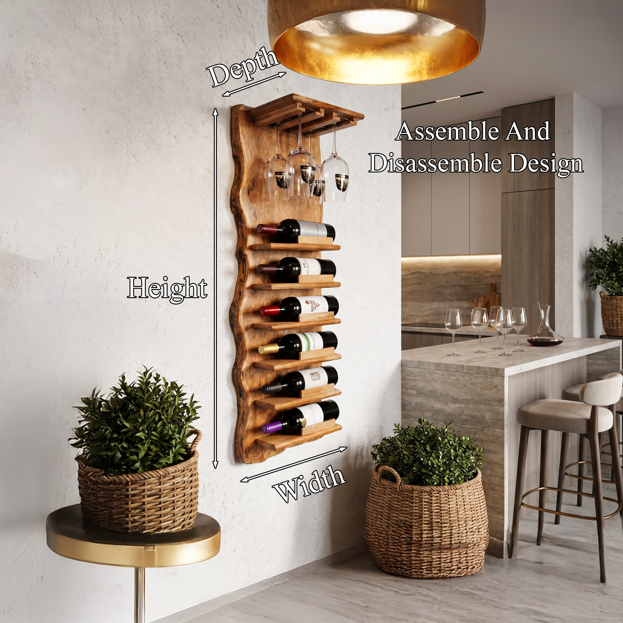 Live Edge Wall Mounted Wine Rack With Glass Holder And Vertical Bottle Storage For Kitchen And Dining Room SINLHAWR032