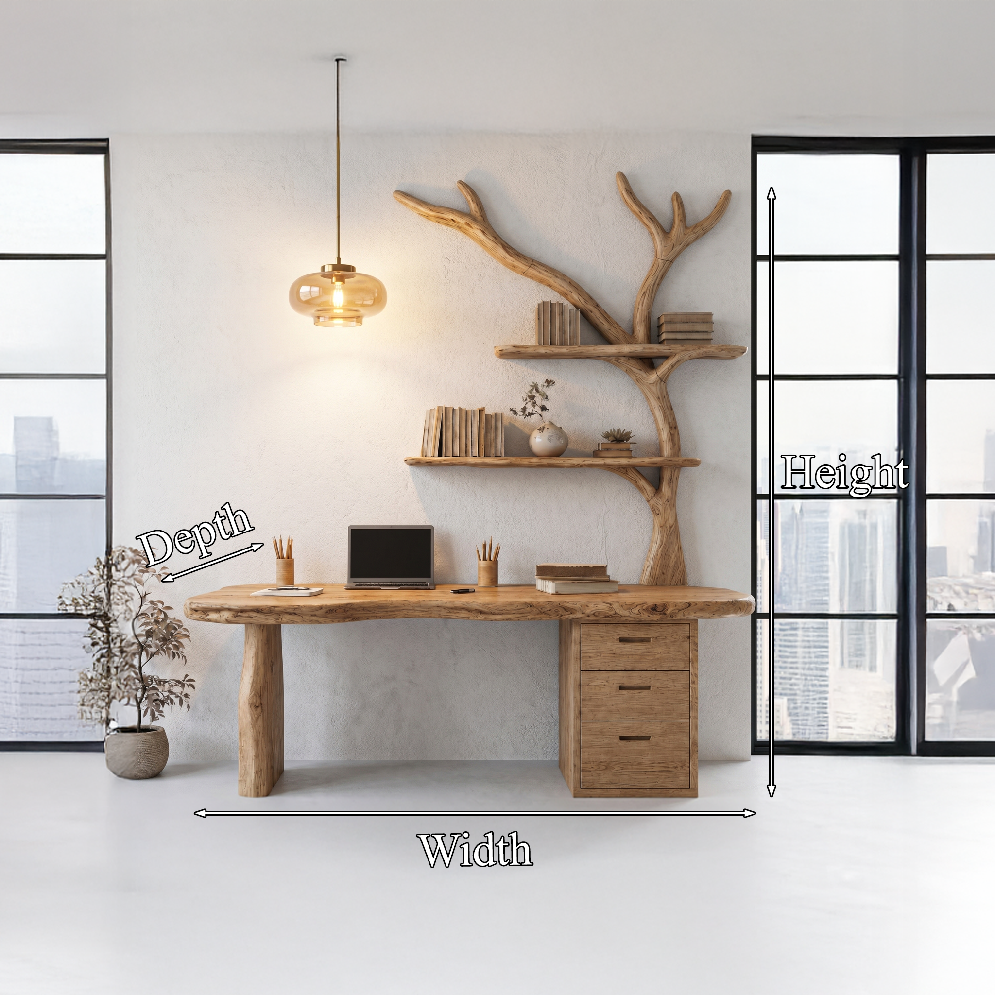 Organic Wooden Desk With Tree Branch Bookshelf And Built In Drawer Storage For Home Office And Workspace SINLHADK115
