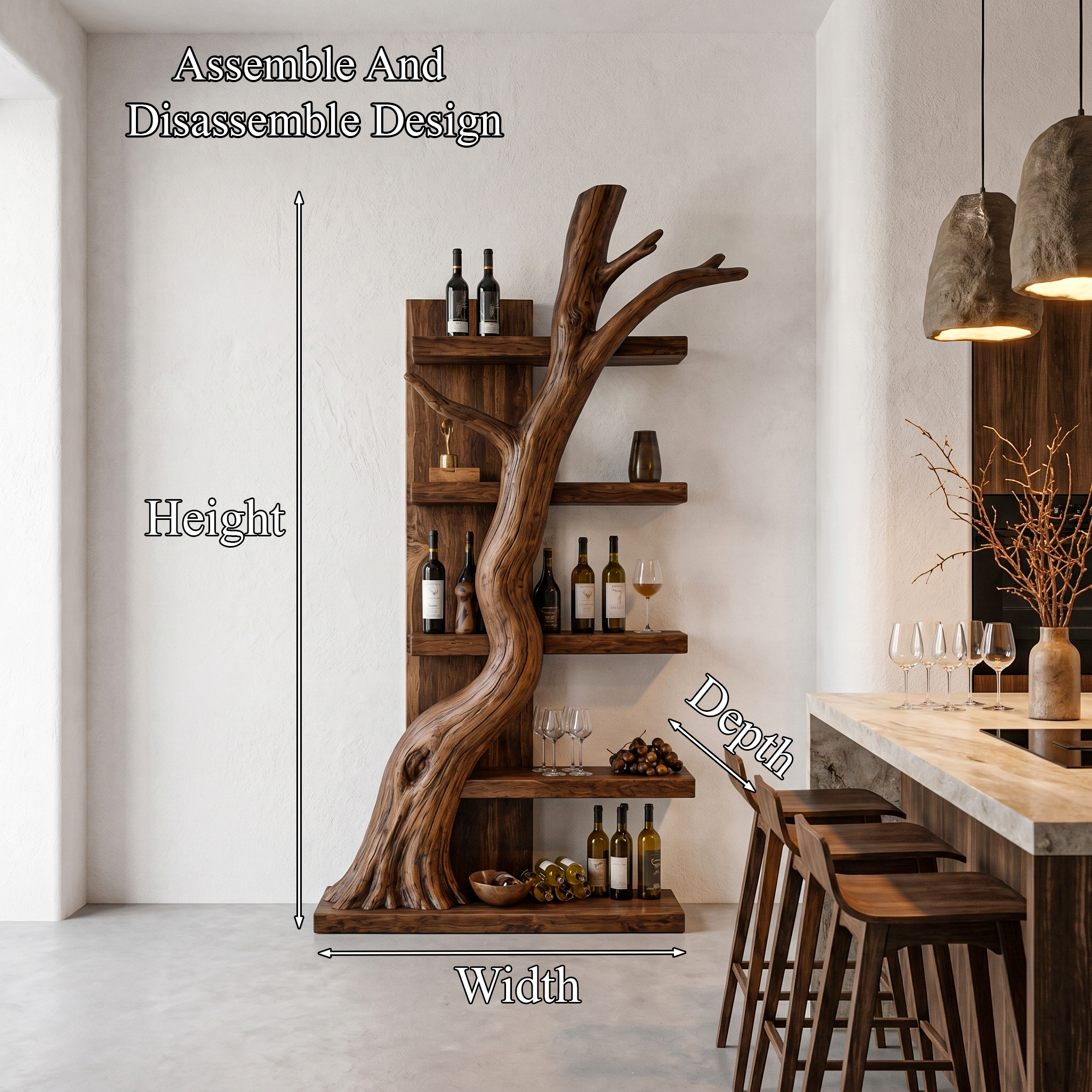 Rustic Tree Wine Rack With Solid Wood Shelves And Sculptural Root Base For Home Bar SINLHAWR035