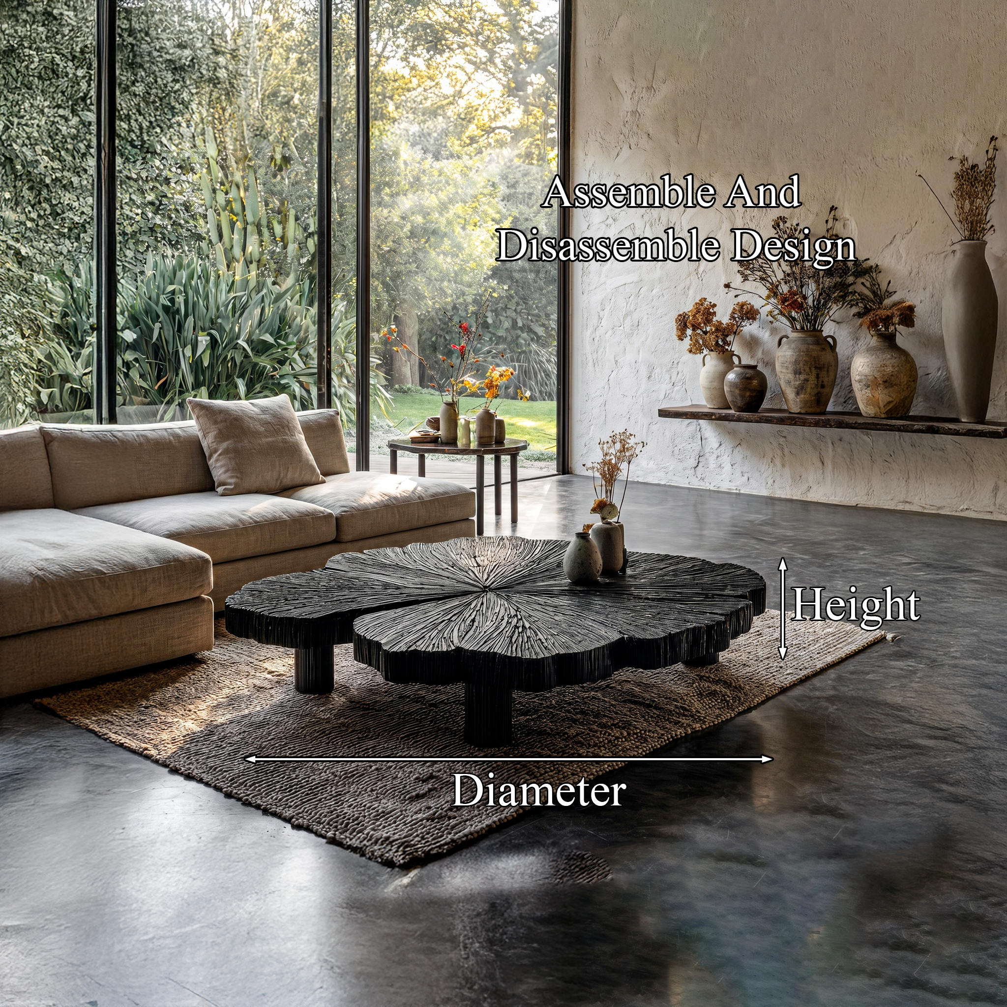 Rustic Coffee Table With Hand Carved Organic Wood Top And Chunky Pedestal Legs For Living Room SINLHACF385