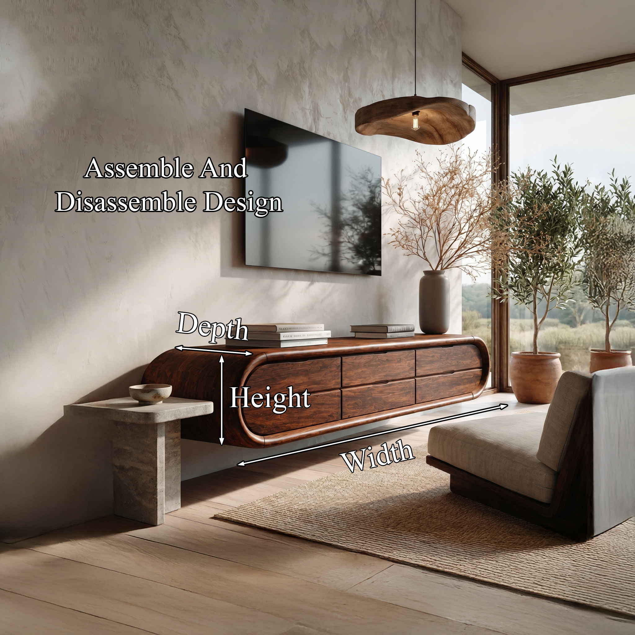 Organic Floating TV Cabinet With Sculptural Curved Wood Frame For Living Room SINLHATC052