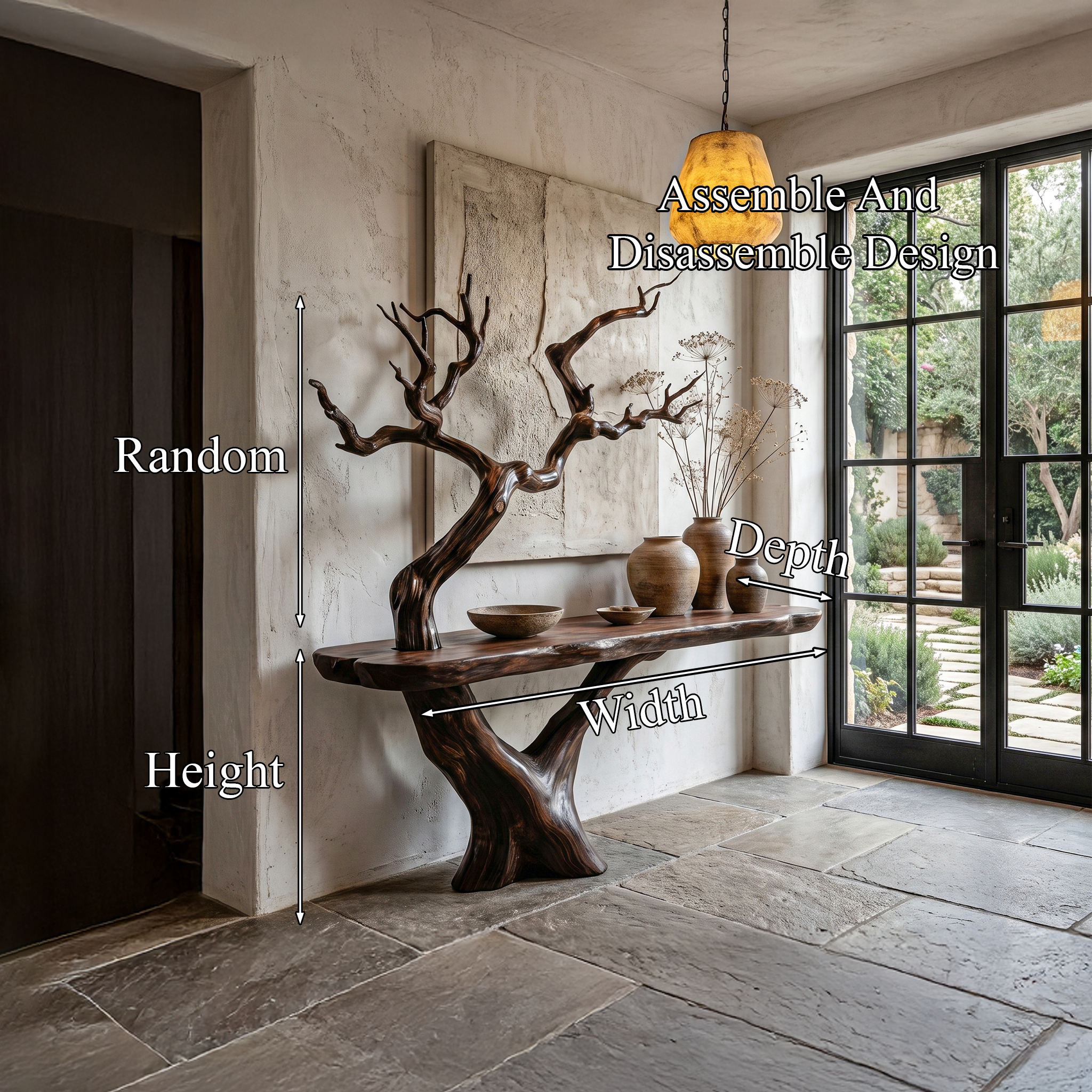 Rustic Console Table With Sculptural Tree Branch Base And Live Edge Wood Top For Entryway And Living Room SINLHACS613