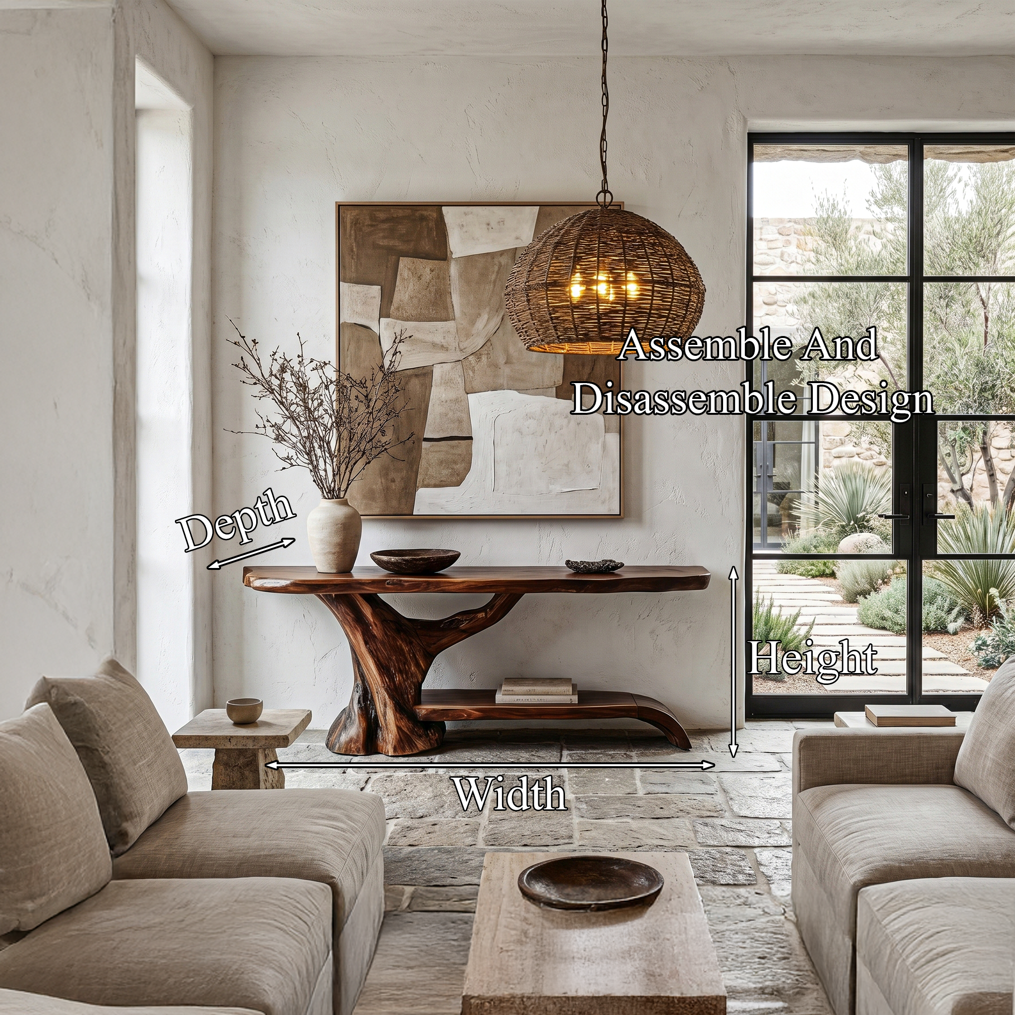 Rustic Live Edge Console Table With Natural Tree Form Base For Living Room SINLHACS615