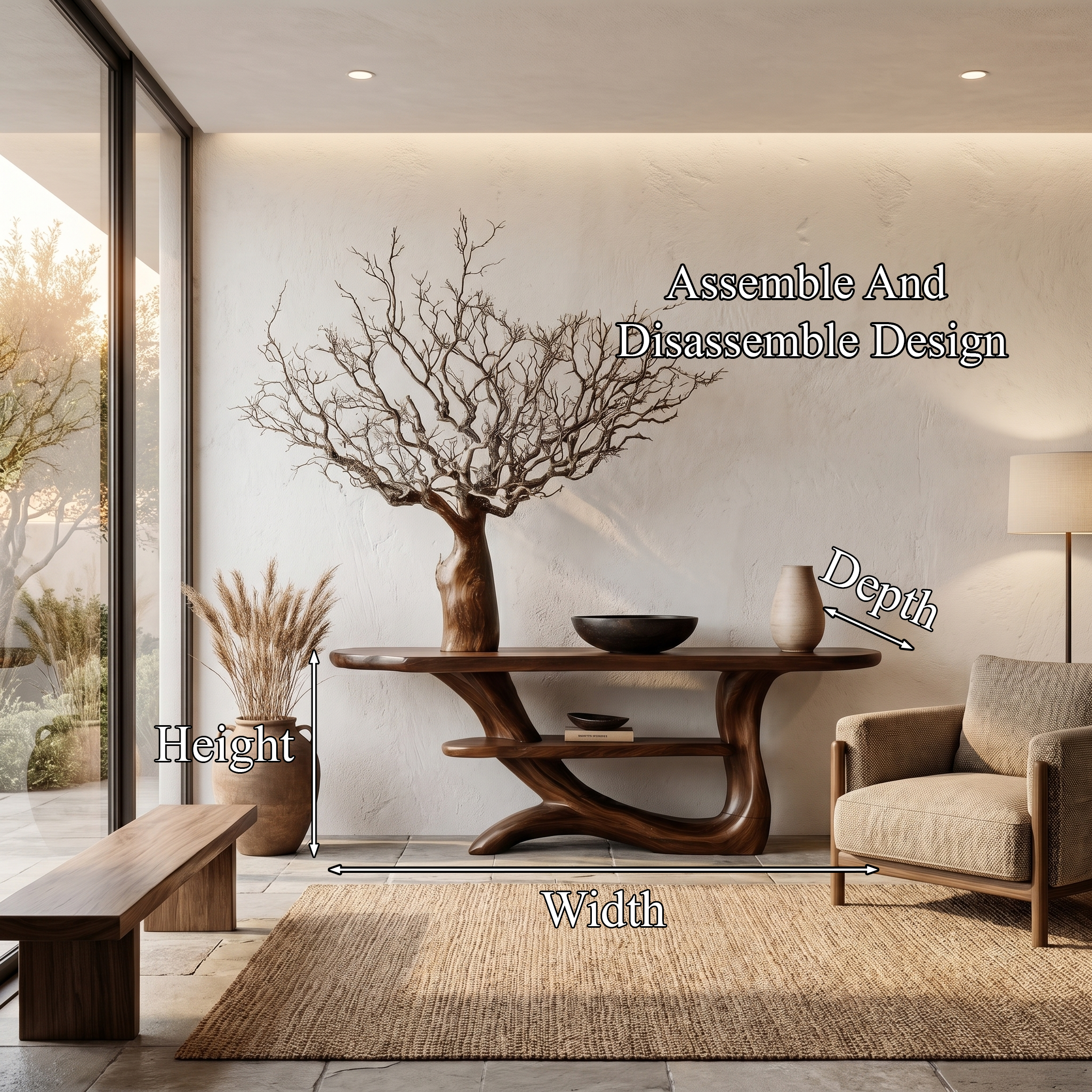 Rustic Console Table With Tree Inspired Solid Wood Base And Display Shelf SINLHACS621