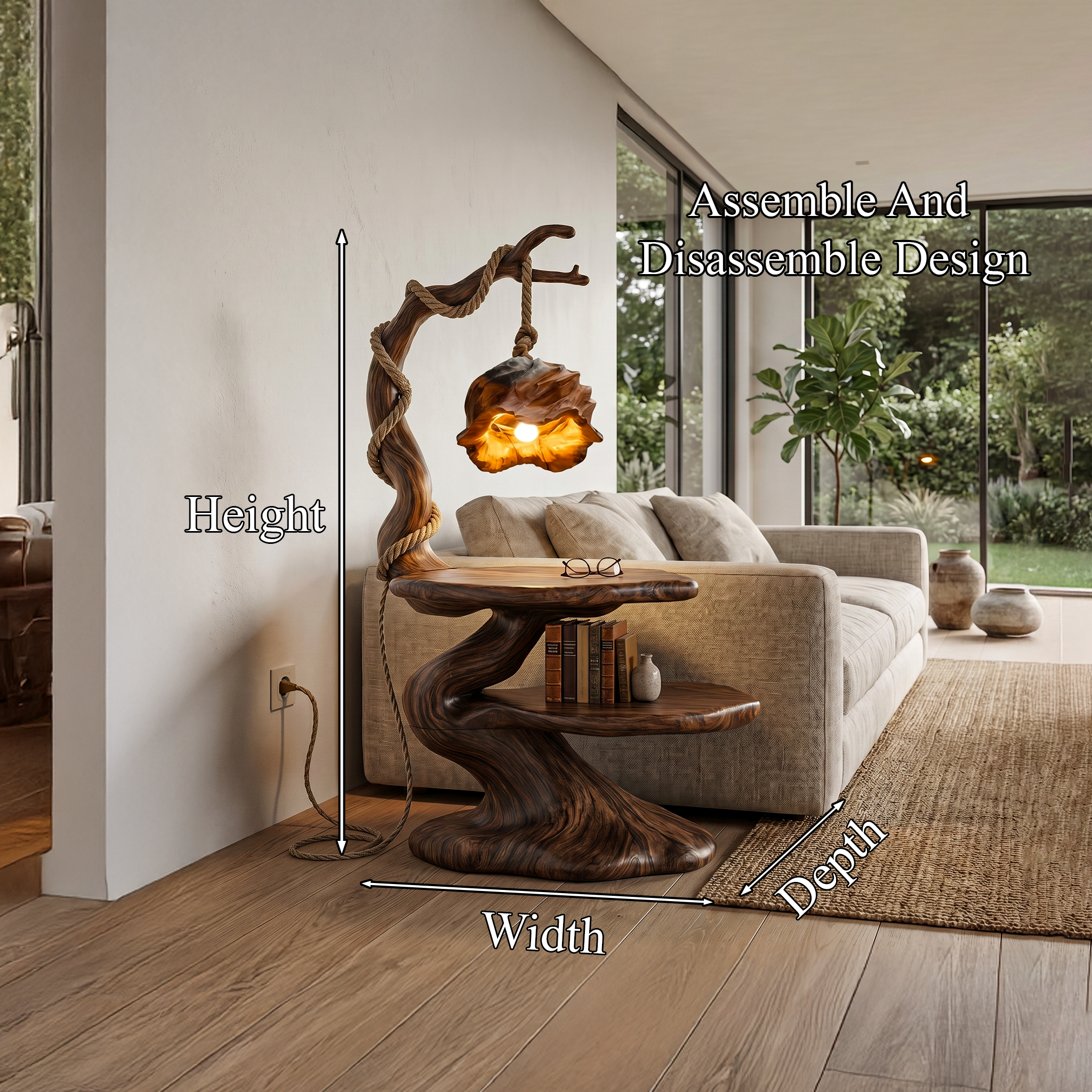 Rustic Beside Table With Tree Root Design And Hanging Lamp For Bedroom SINLHABT264