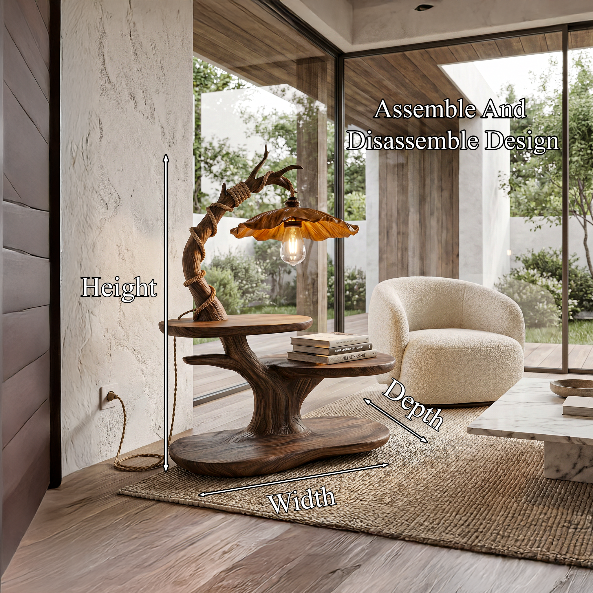 Sculptural Beside Table With Tree Branch Lamp And Open Storage Shelves For Bedroom SINLHABT265