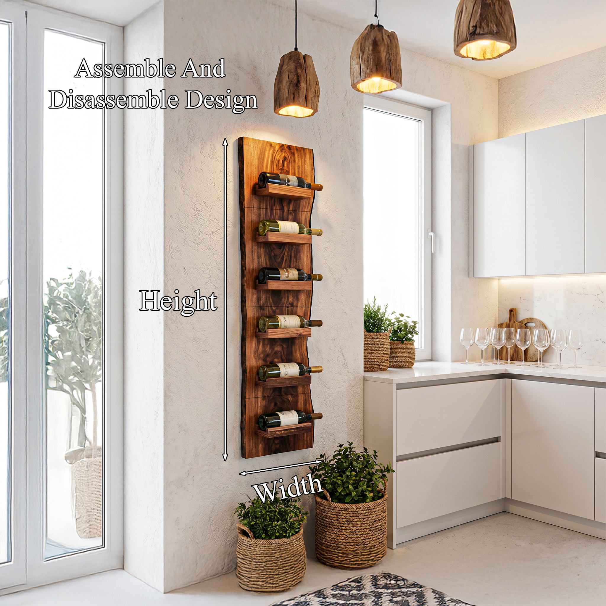 Rustic Wall Mounted Wine Rack With Vertical Wooden Storage Shelves For Kitchen And Dining Room SINLHAWR027