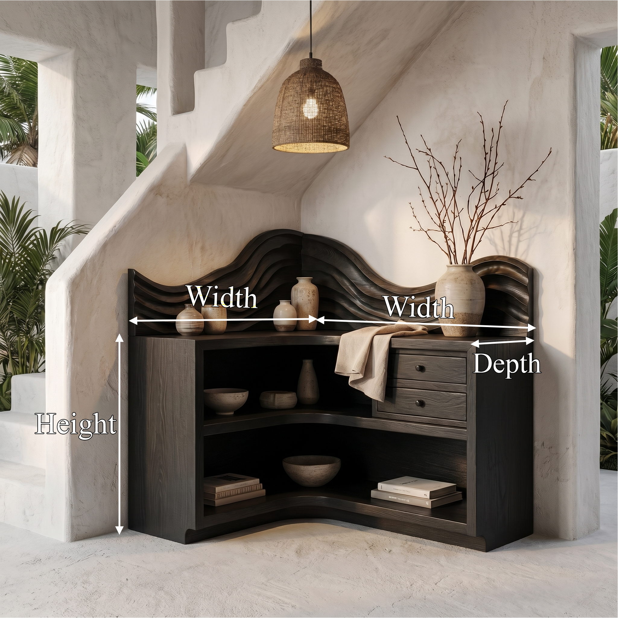 Rustic Corner Bookshelf With Arched Open Shelves And Drawer Storage For Living Room And Bedroom SINLSABS024