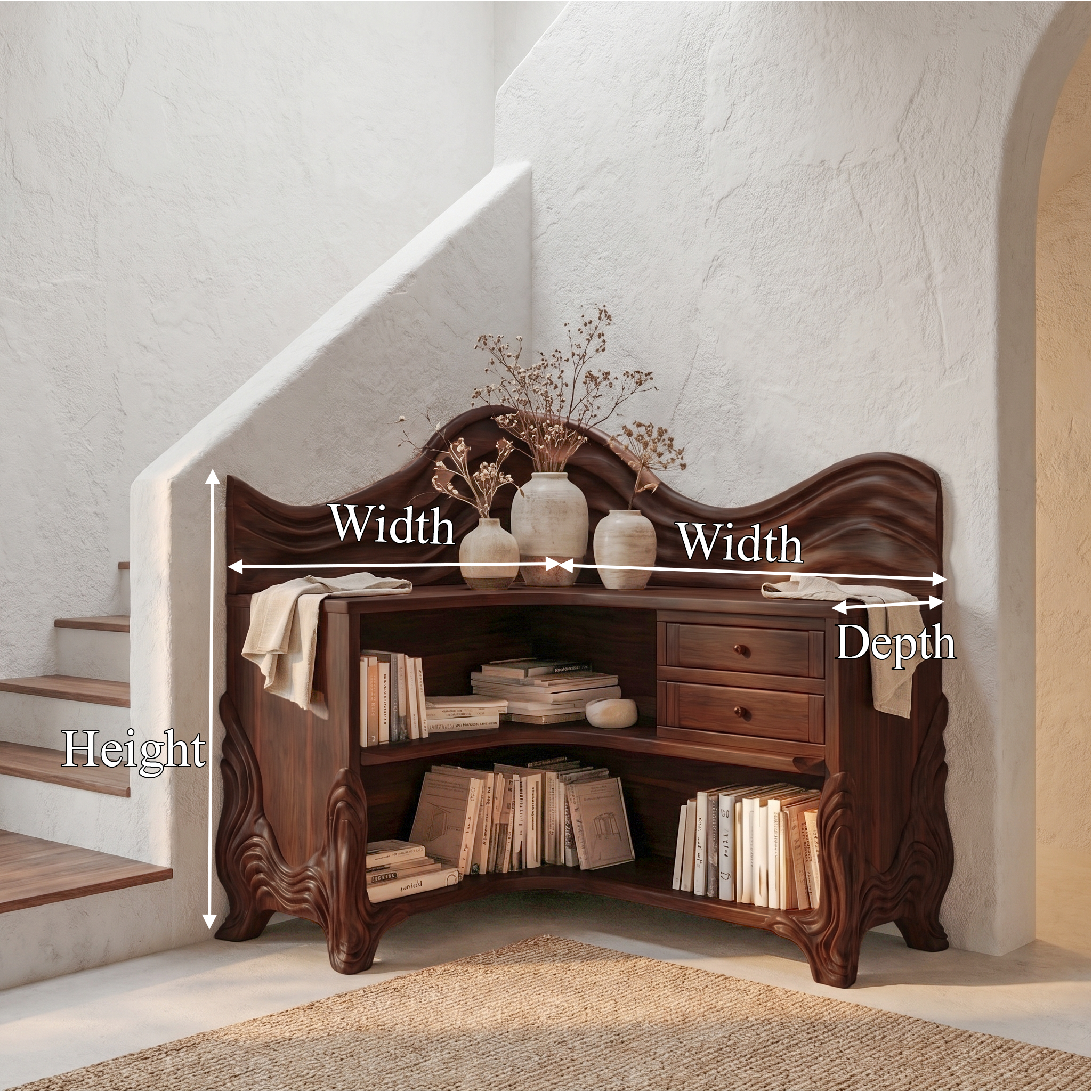 Rustic Wave Top Corner Bookshelf With Sculptural Wooden Shelves And Open Storage For Living Room And Bedroom SINLSABS025