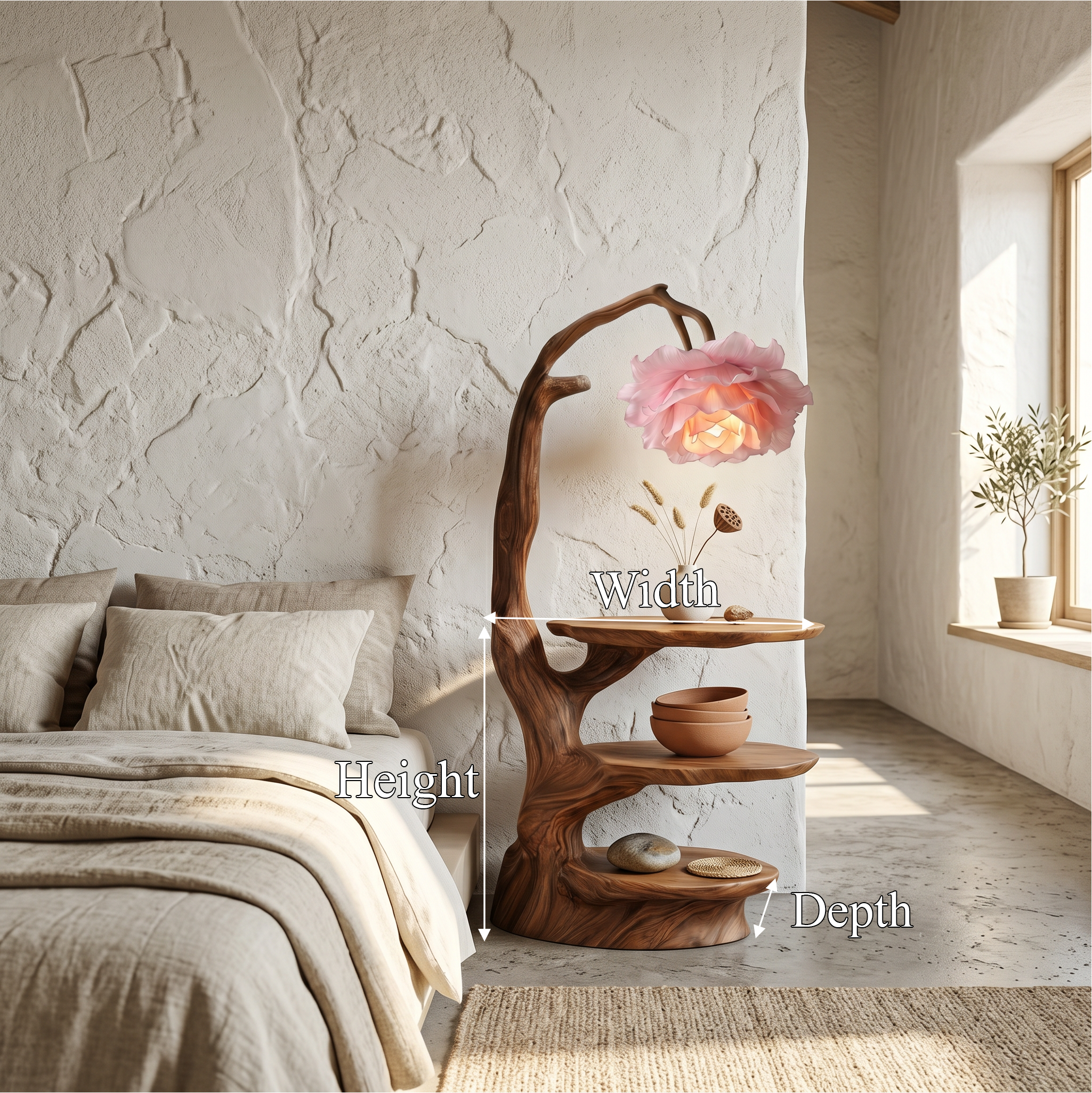 Natural End Table With Tree Branch Form And Flower Lamp For Bedroom And Reading Nook SINLSABT276