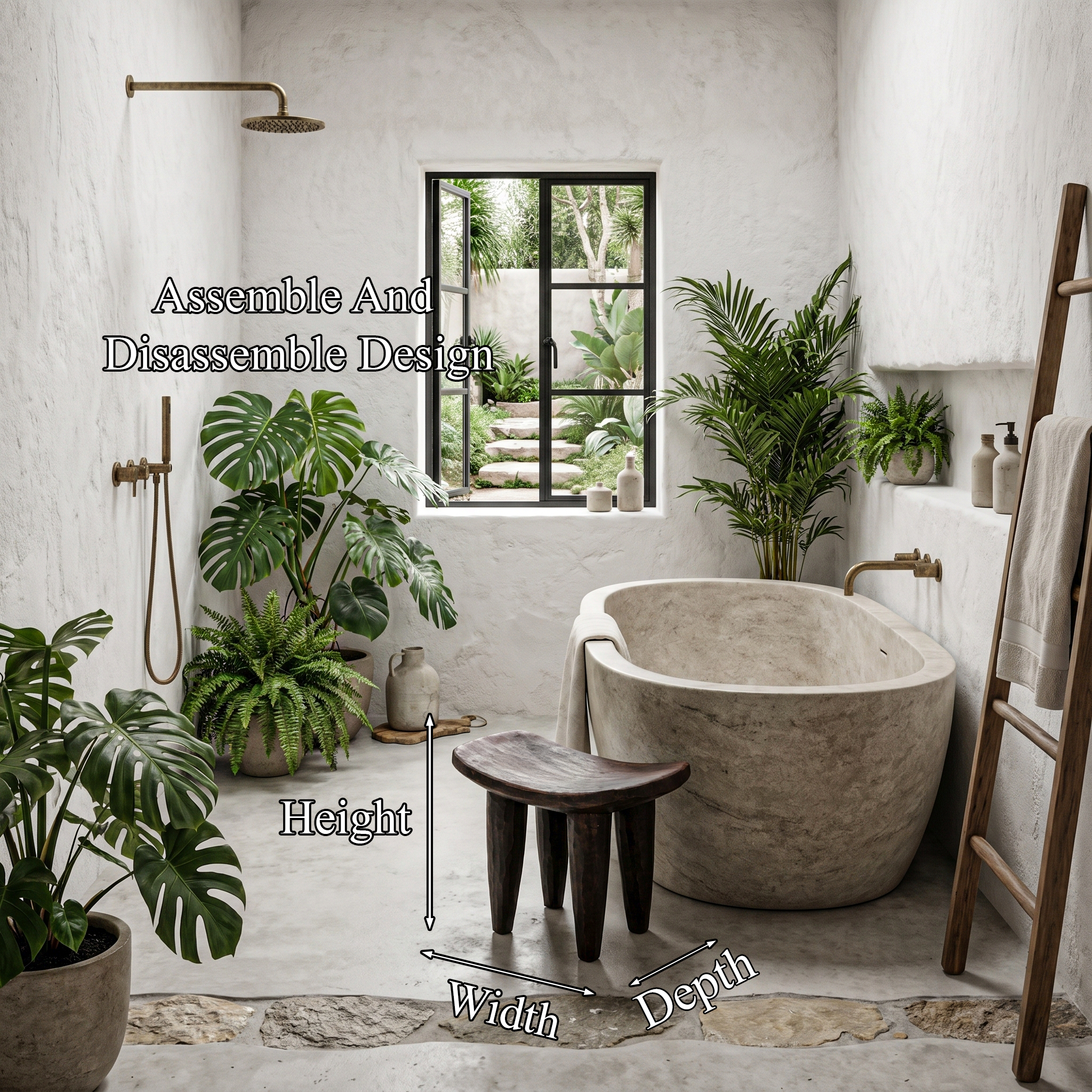 Rustic Wooden Stool With Artistic Solid Wood Form For Bathroom SINLHAWS008