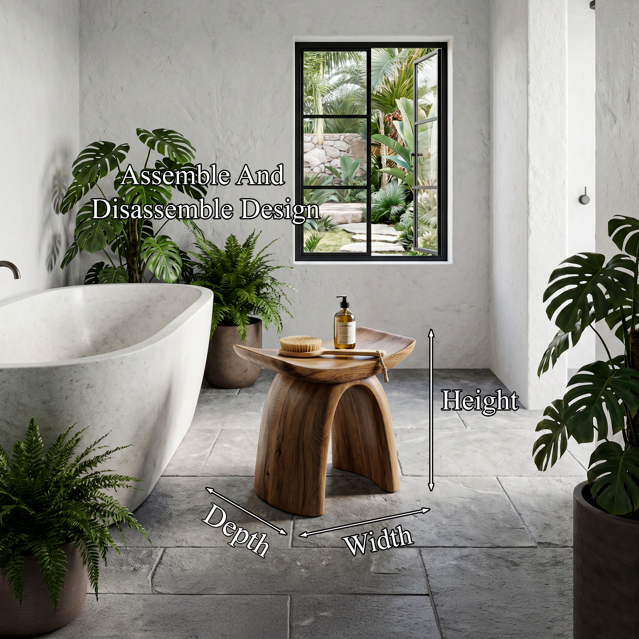Organic Modern Shower Stool With Sculptural Wood Base For Bathroom SINLHAWS015