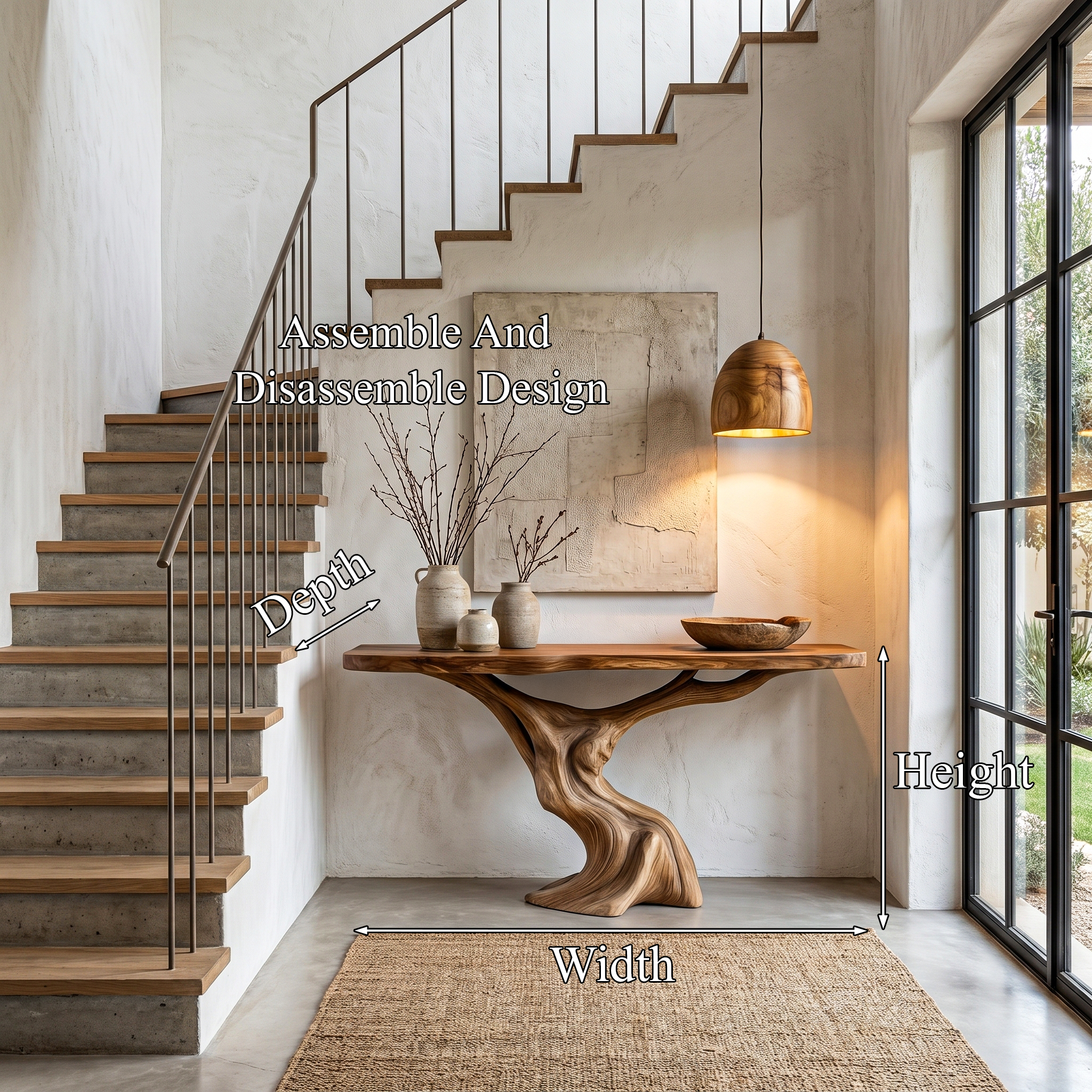 Rustic Organic Console Table With Unique Sculptural Tree Inspired Wood Base For Entryway And Living Room SINLHACS587