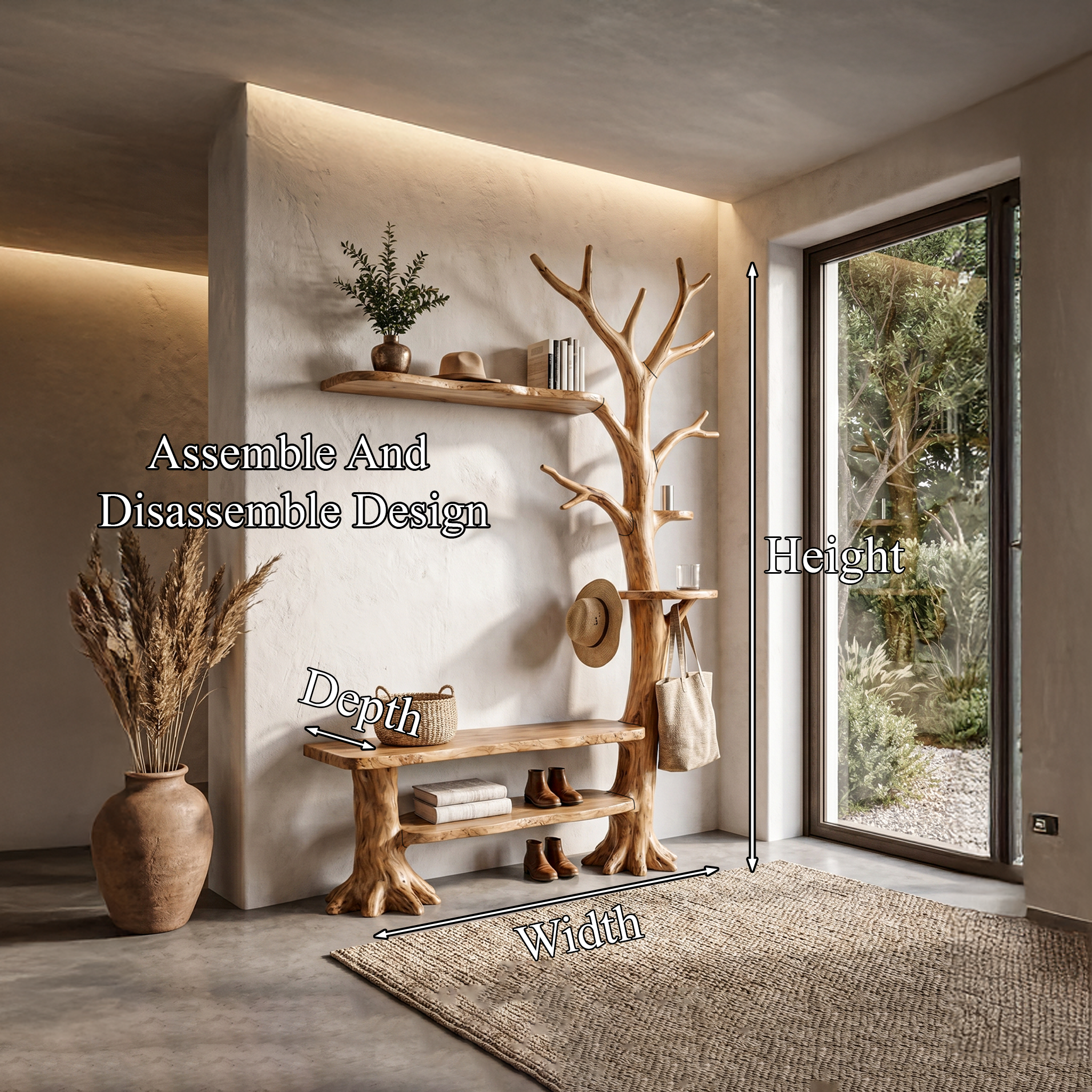 Rustic Tree Coat Rack With Integrated Bench And Floating Display Shelves For Entryway SINLHATCR118
