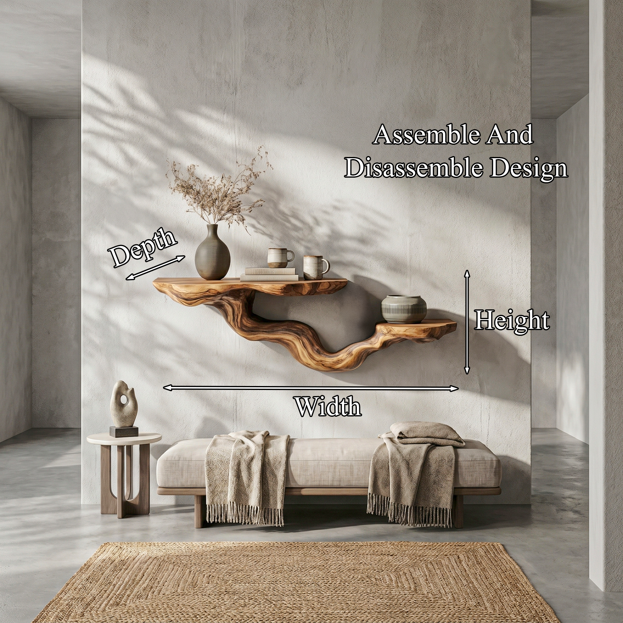 Rustic Floating Shelf With Sculptural Tree Branch Form For Home Decor SINLHAFL549