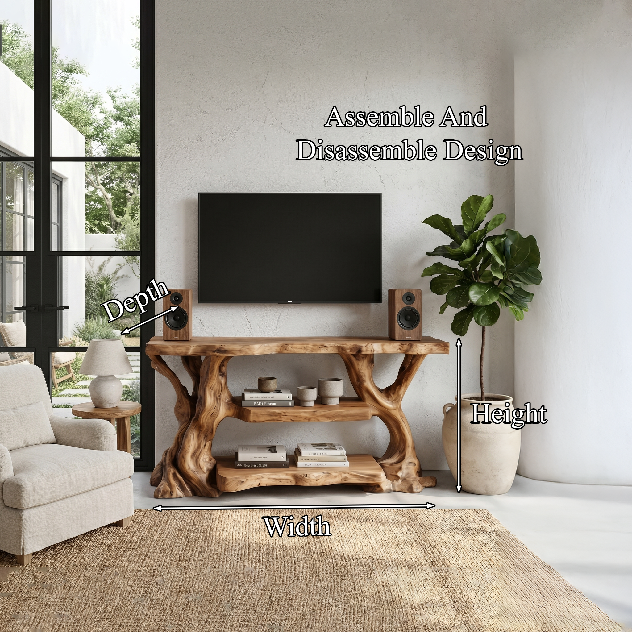 Rustic TV Stand With Natural Wood Sculptural Frame For Living Room SINLHATC066