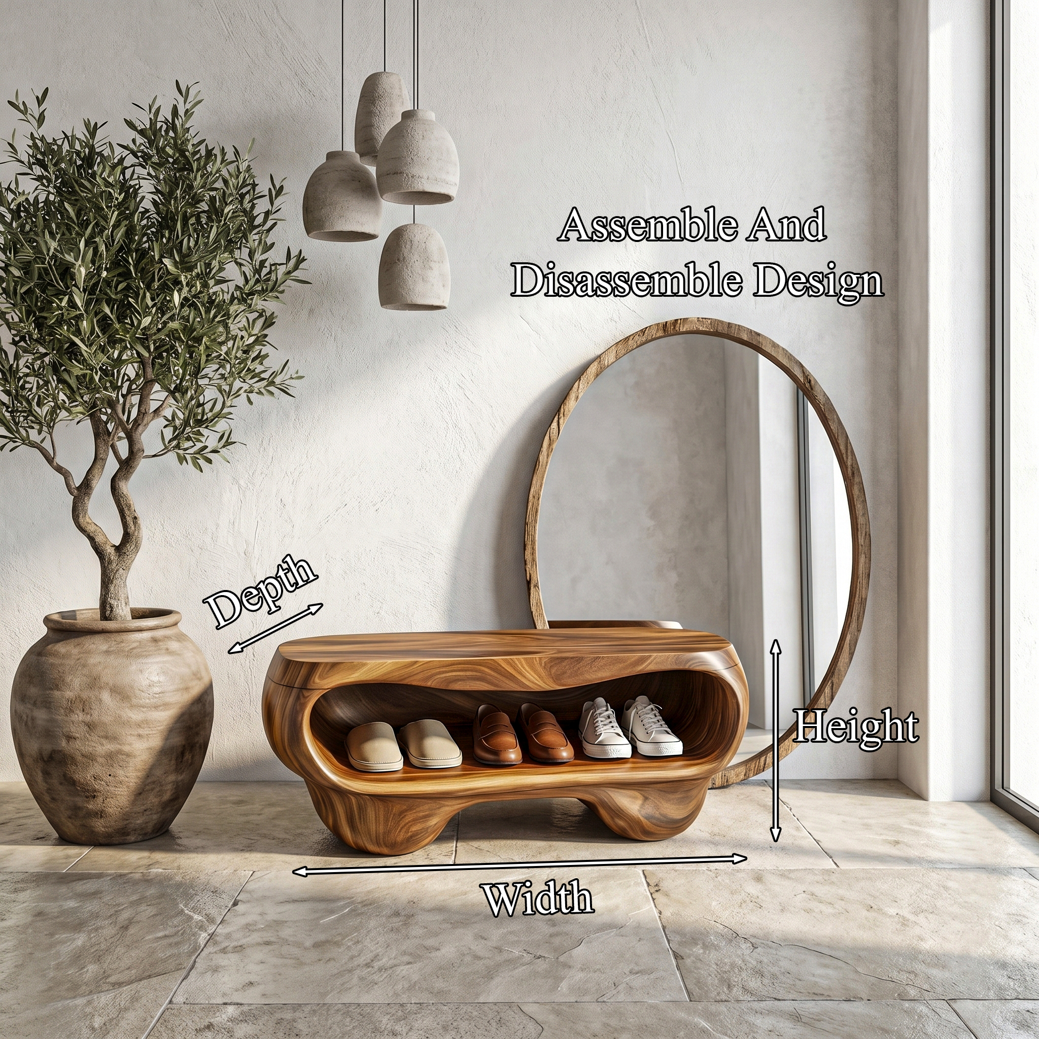 Organic Shoe Bench With Rounded Storage Shelves For Entryway SINLHASB094
