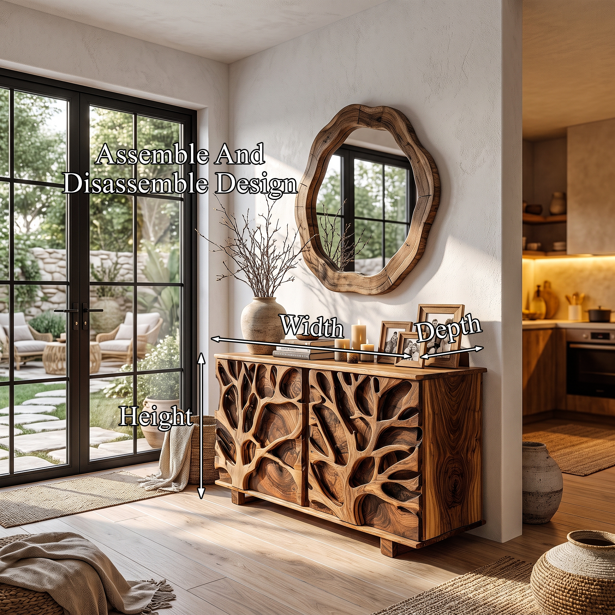 Nature Inspired Storage Cabinet With Hand Carved Wood Design For Entryway SINLHASC538