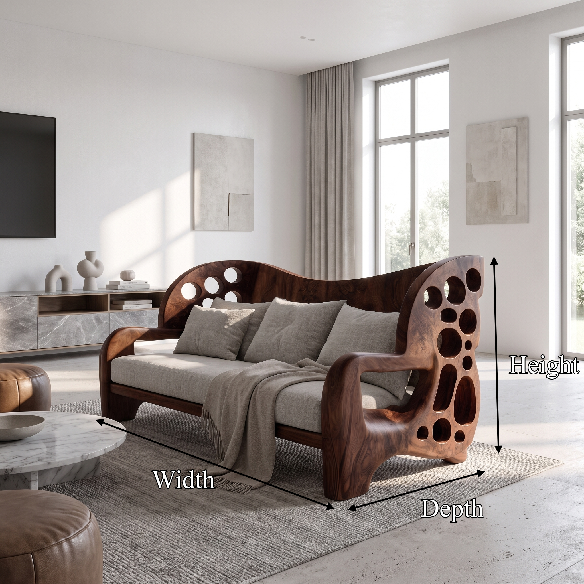 Organic Sofa Frame With Sculptural Openwork Armrests For Living Room SINLSASF037