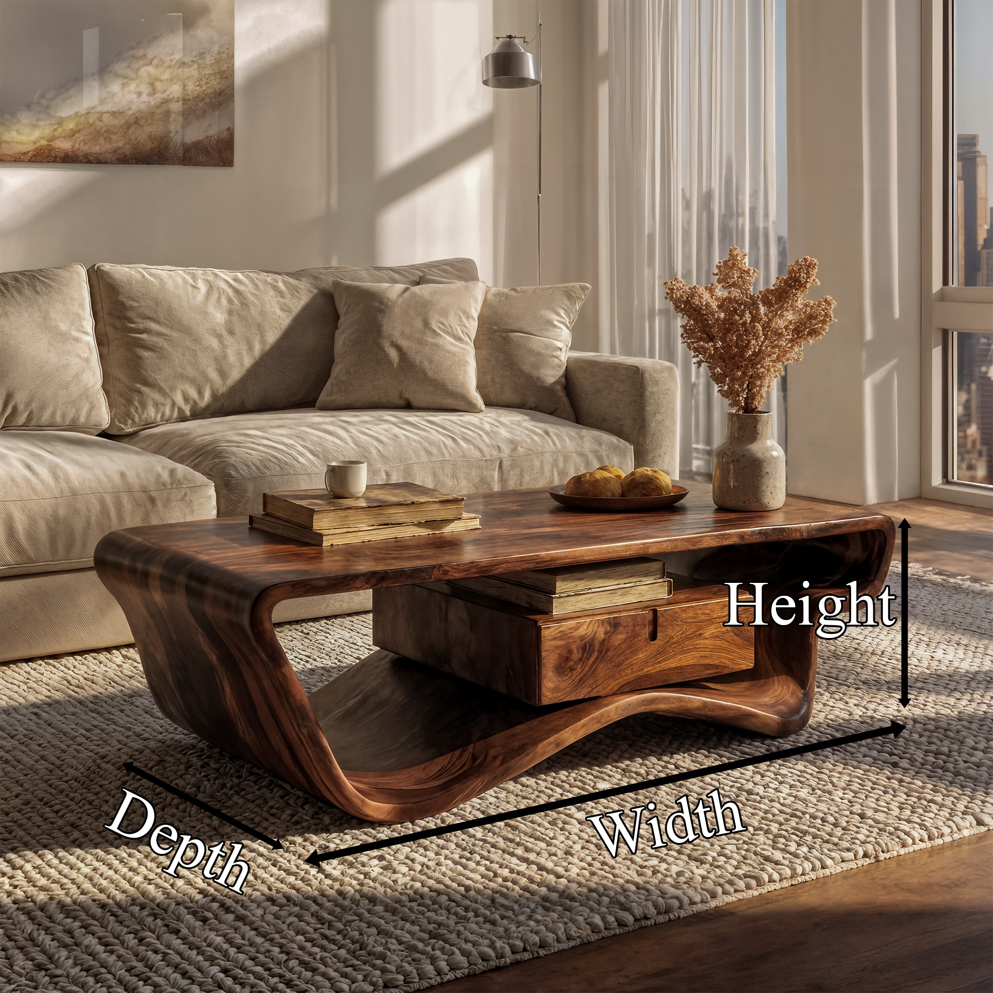 Curved Sculptural Coffee Table With Storage Drawer For Living Room SINLKICF361