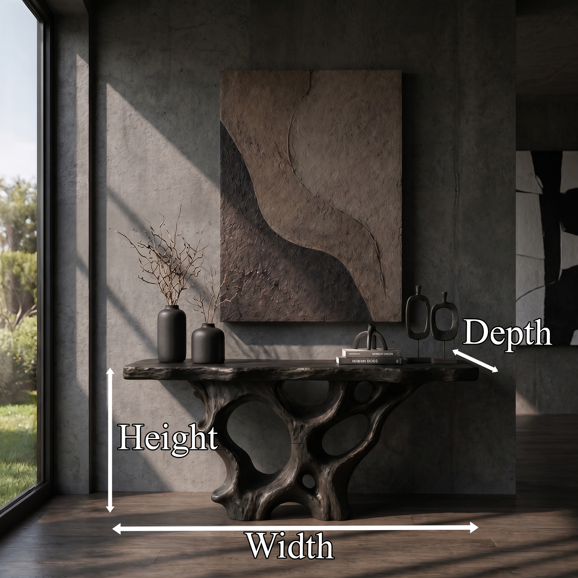 Organic Unique Console Table With Sculptural Natural Wood Base For Living Room SINLKICS599