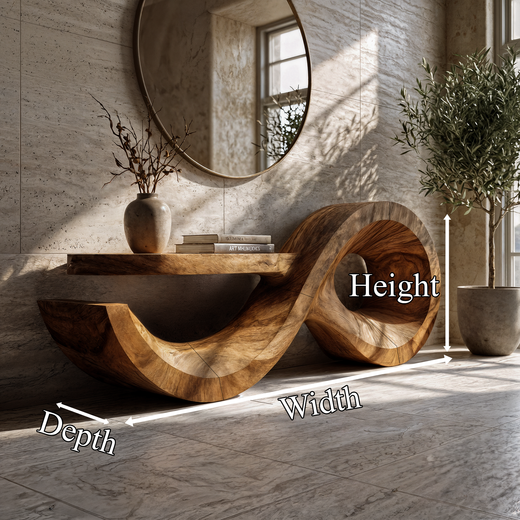 Contemporary Console Table With Sculptural Wave Wood Base And Solid Wood Top For Living Room SINLKICS601