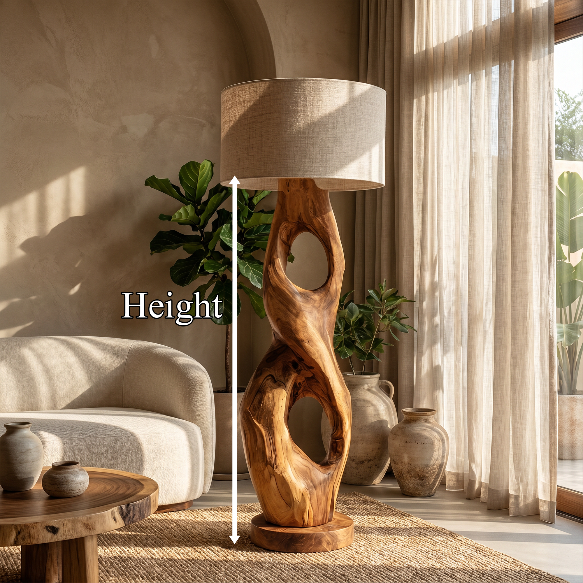 Rustic Floor Lamp With Handcrafted Hollow Wood Sculpture Base For Living Room SINLKIFLP088