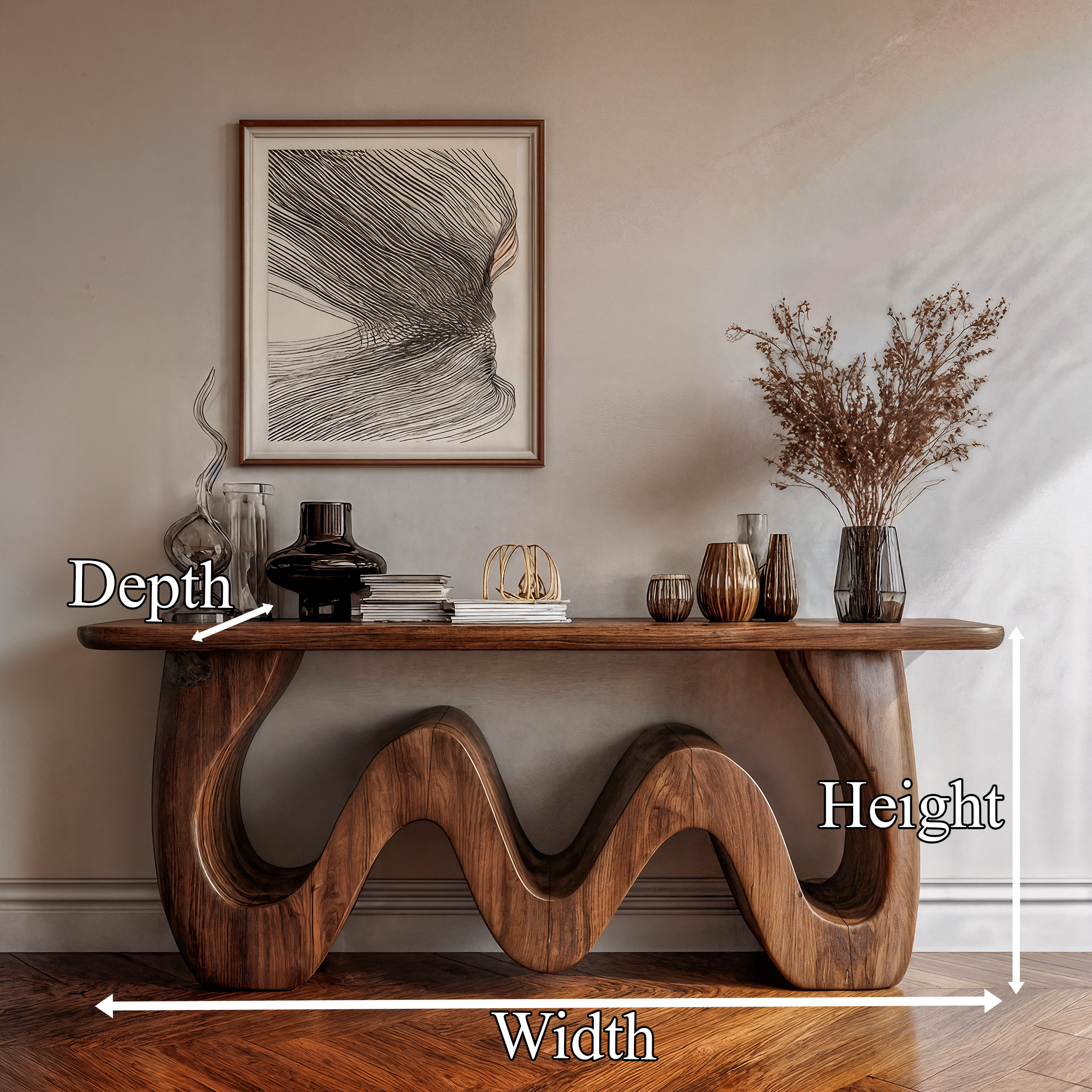 Organic Wave Console Table Solid Wood Bold Sculptural Curve Design Entryway And Living Room SINLKICS559