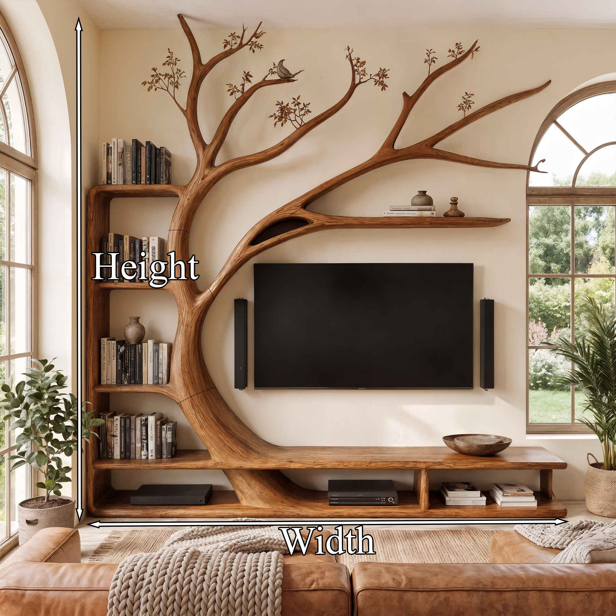 Handcrafted TV Cabinet With Artistic Tree Bookcase For Living Room SINLKITC084