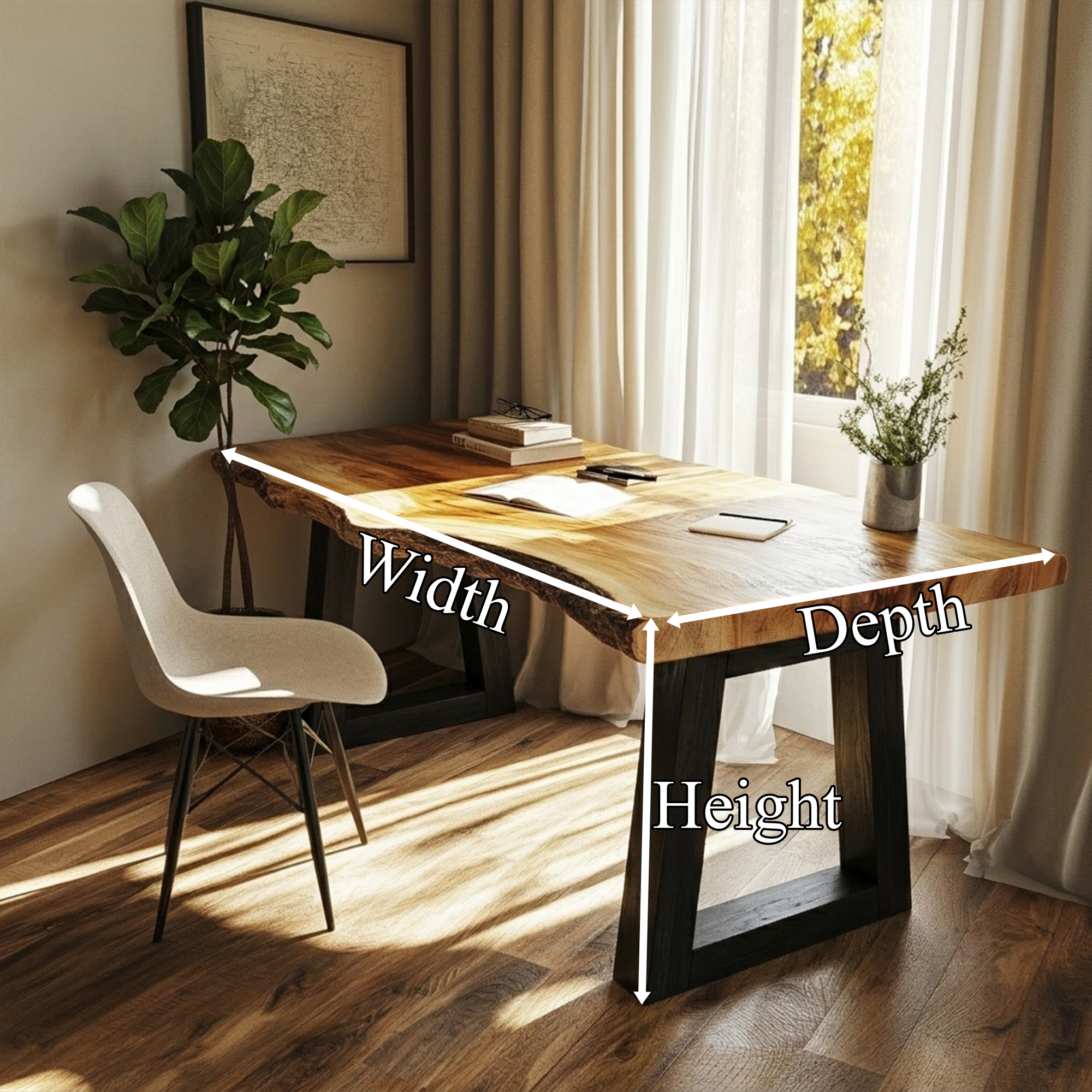 Modern Desk With Live Edge Solid Wood Top And Steel Base For Workspace SINLKIDK156